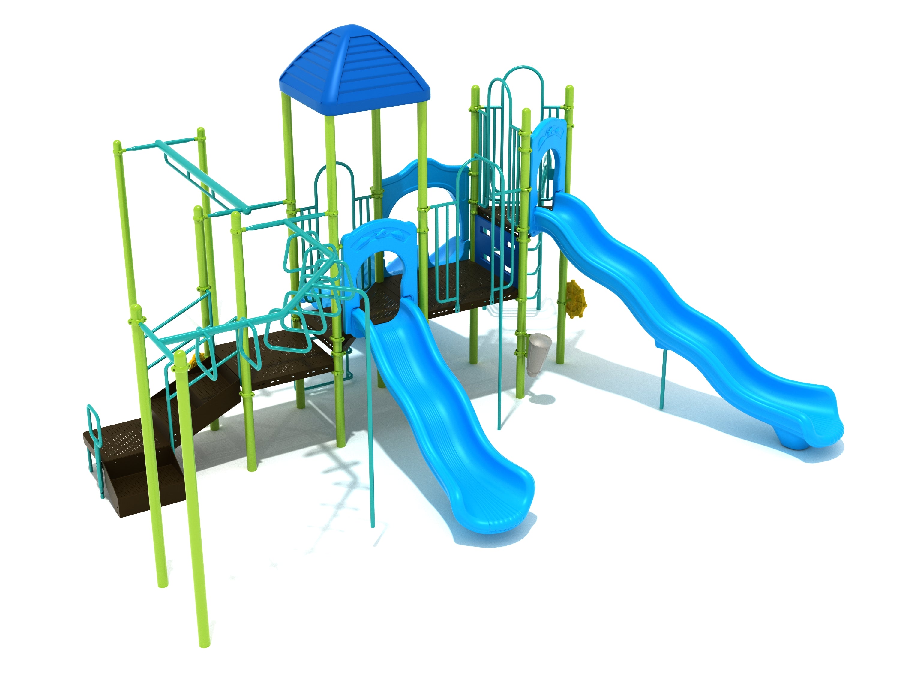 Colorful playground structure with blue slides, climbing ladders, overhead bars, and a small roofed platform
