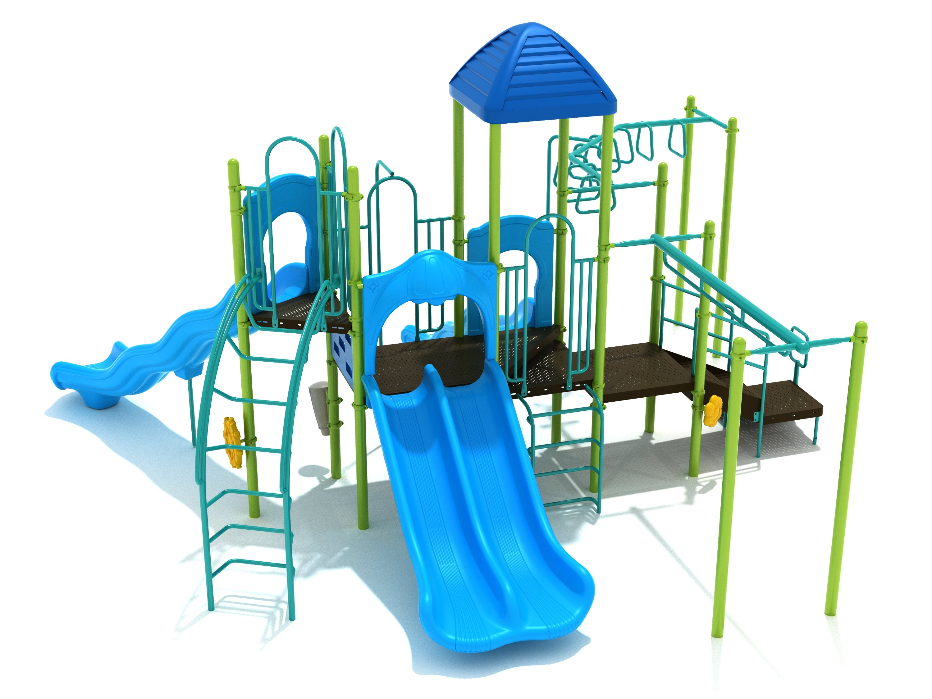 Colorful playground structure with dual slides, climbing ladders, overhead bars, and a small roofed platform