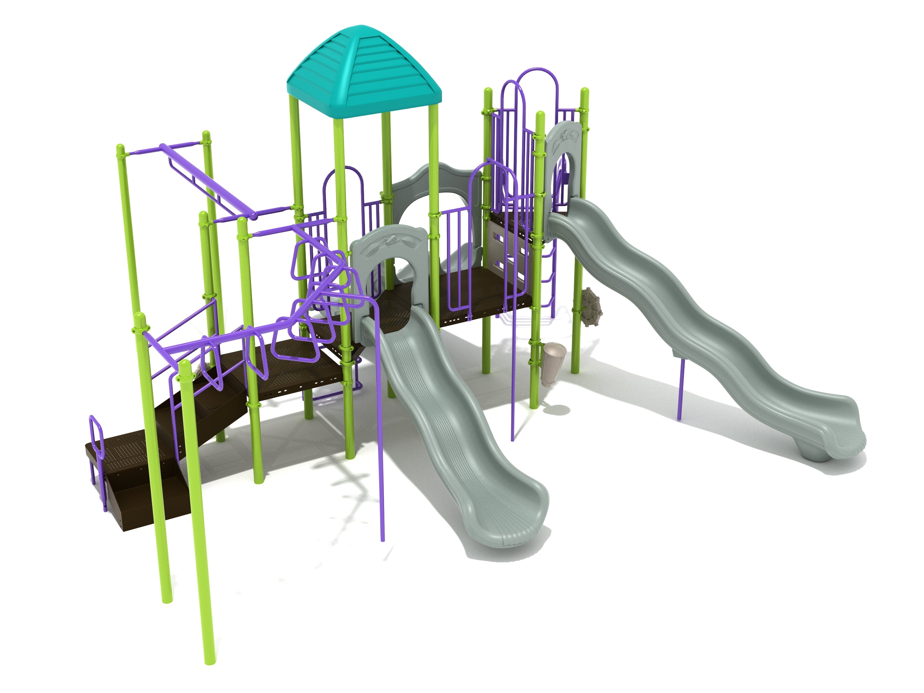 Colorful playground structure with slides, climbing ladders, overhead bars, and a small roofed platform