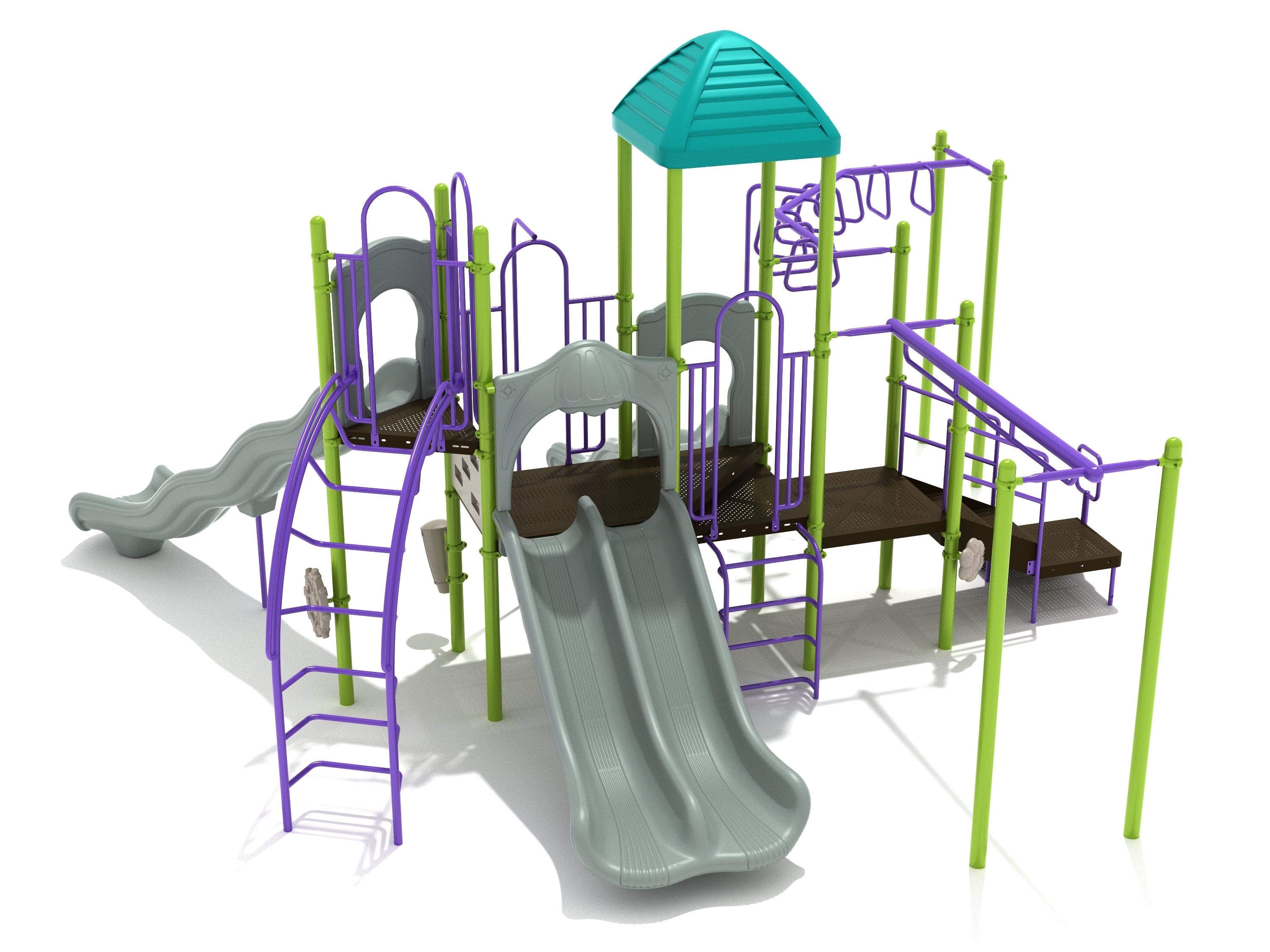 Colorful playground structure with dual slides, climbing ladders, overhead bars, and a small roofed platform