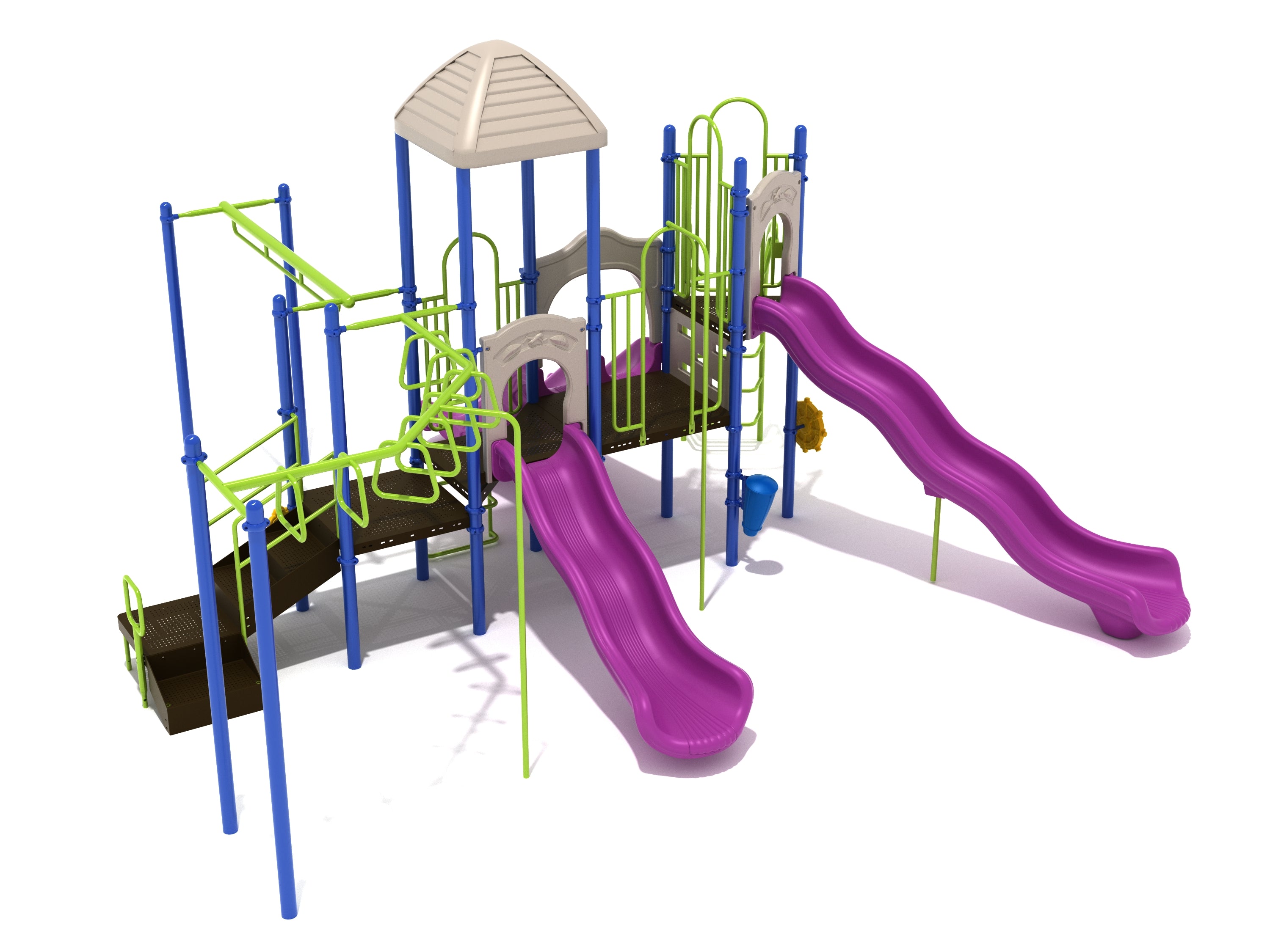 Colorful playground structure with two purple slides, green climbing bars, blue support poles, and beige roof