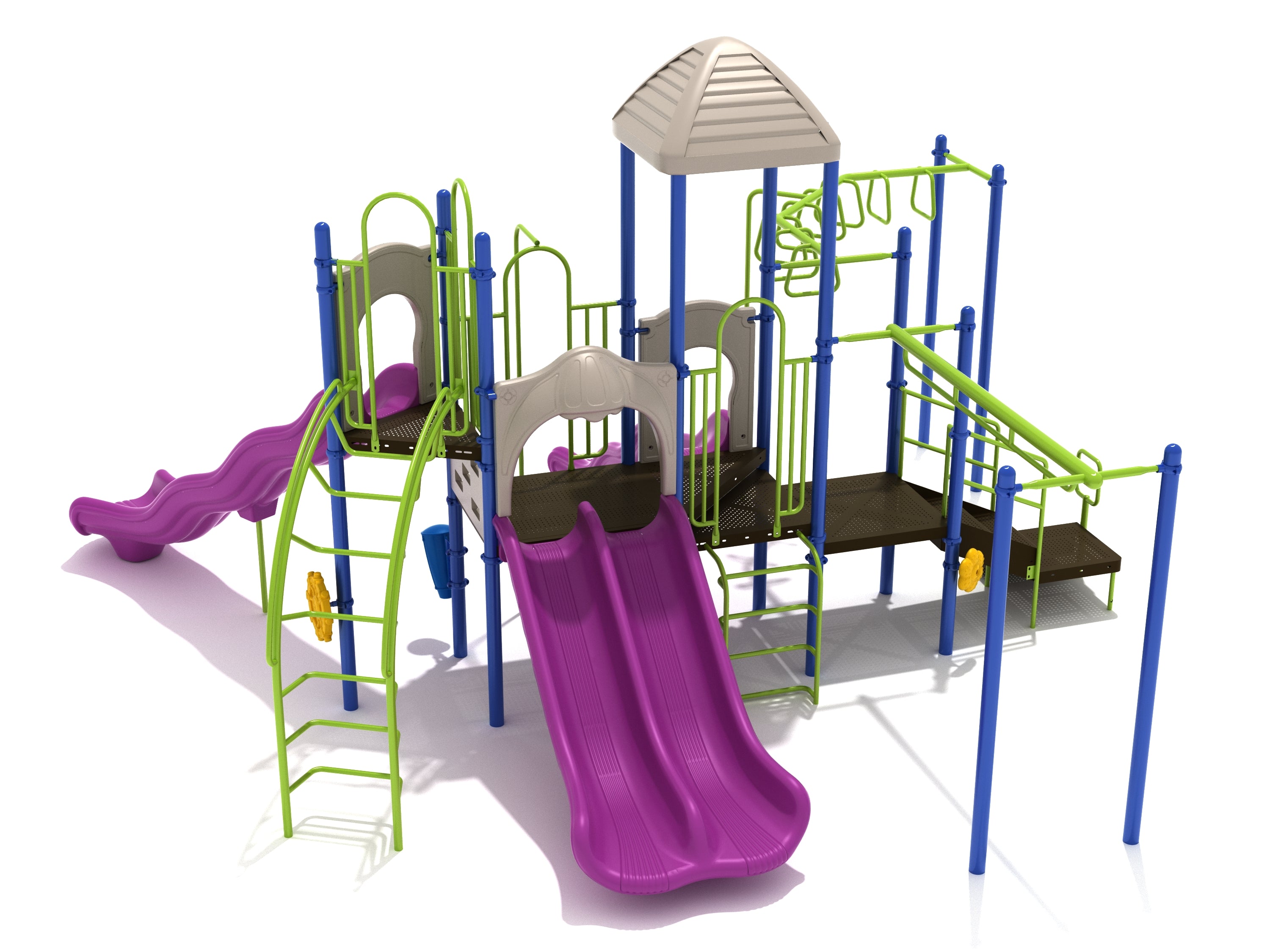 Colorful playground structure with dual purple slides, green climbing ladders, blue support posts, beige roof, and interactive play elements