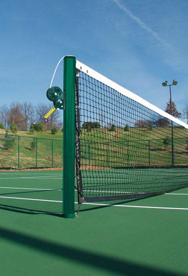 Regulation outdoor tennis net with double braided polyethylene mesh, reinforced headband, and vinyl-coated steel cable
