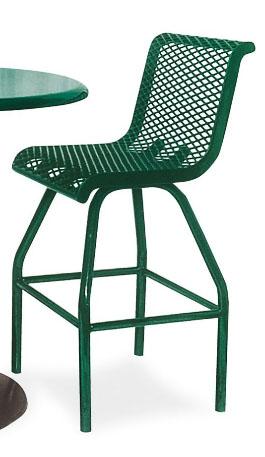 Green metal bar-height chair with mesh seat and backrest, sturdy powder-coated frame, designed for outdoor dining areas
