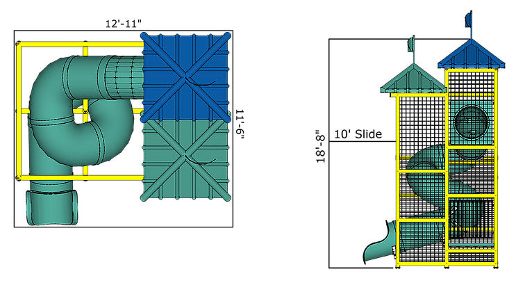 Overhead view of water slide structure with spiral and straight polyethylene slides, two roofs, and safety netting