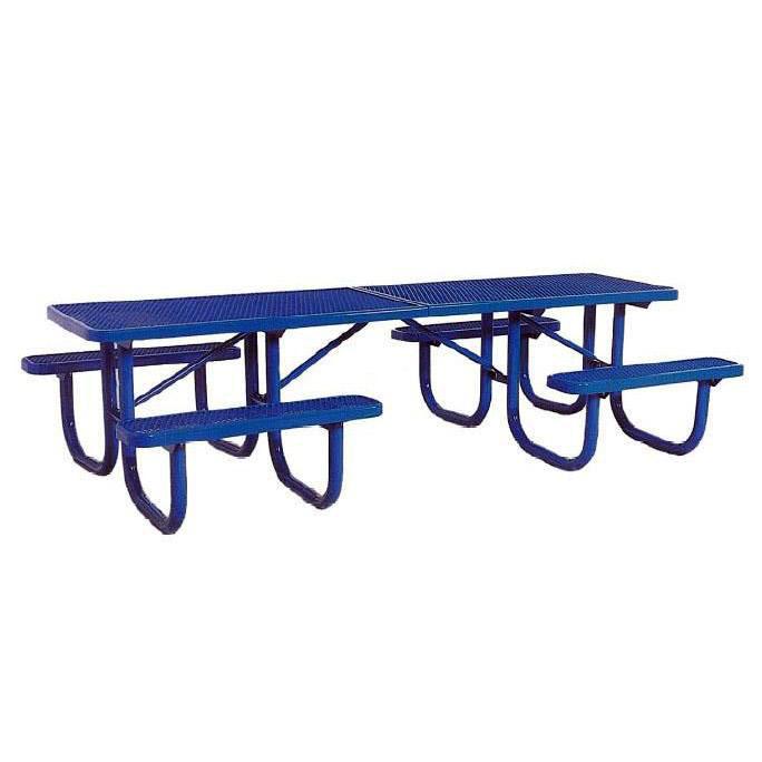 Blue heavy-duty outdoor picnic table with attached benches and walk-through ADA-accessible design