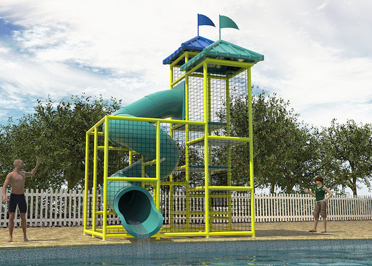 Yellow-framed water slide with teal spiral flume, two roofed platforms with flags, adjacent to pool with two boys playing