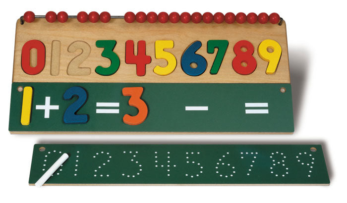 Math Skills Number Puzzle with colorful wooden numbers, red counting beads, reversible chalkboard featuring connect-a-dot numbers and math symbols