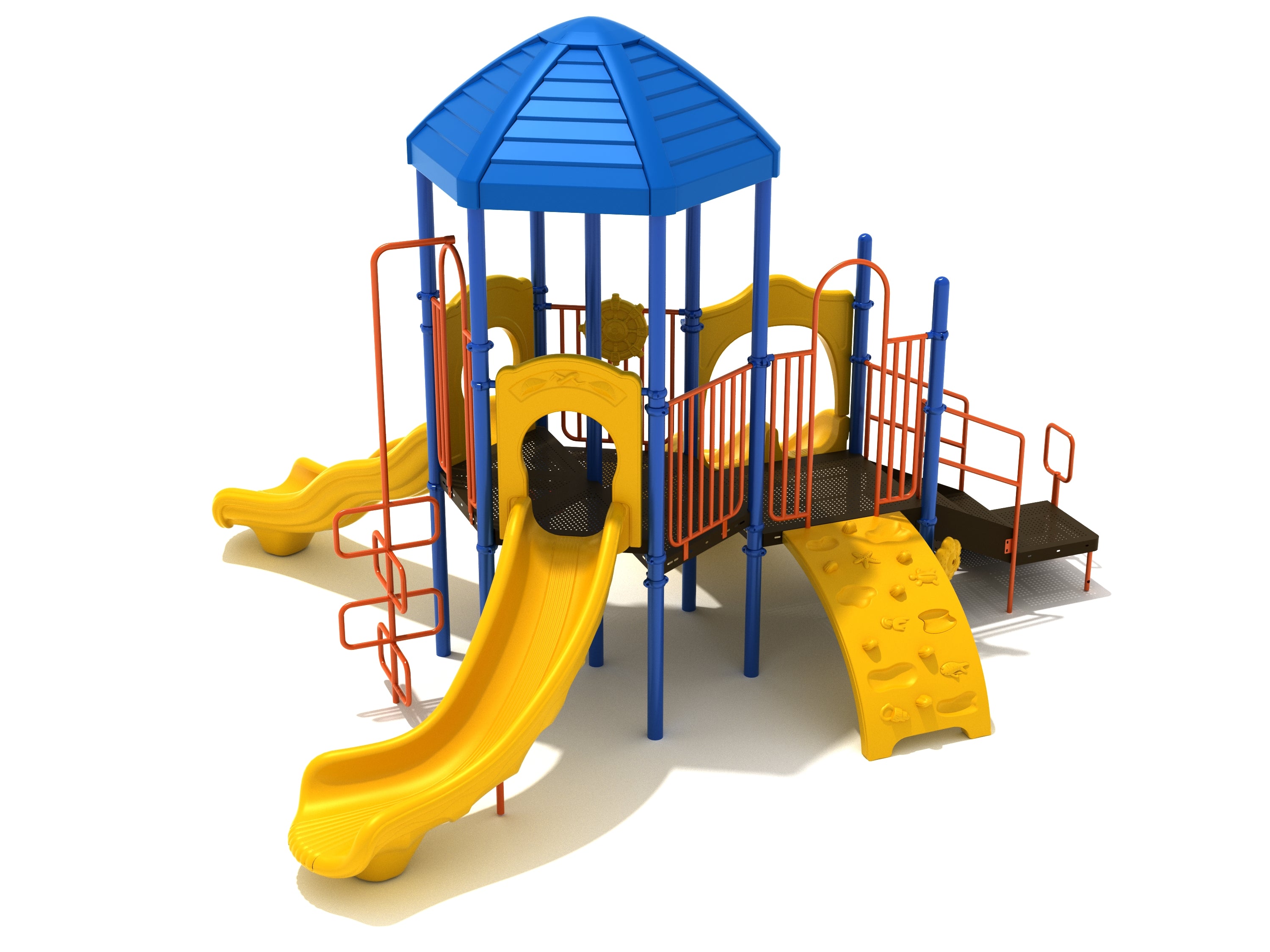 Colorful playground with blue hex roof, two yellow slides, sea creature climbing wall, orange railings, and ribbon climber.
