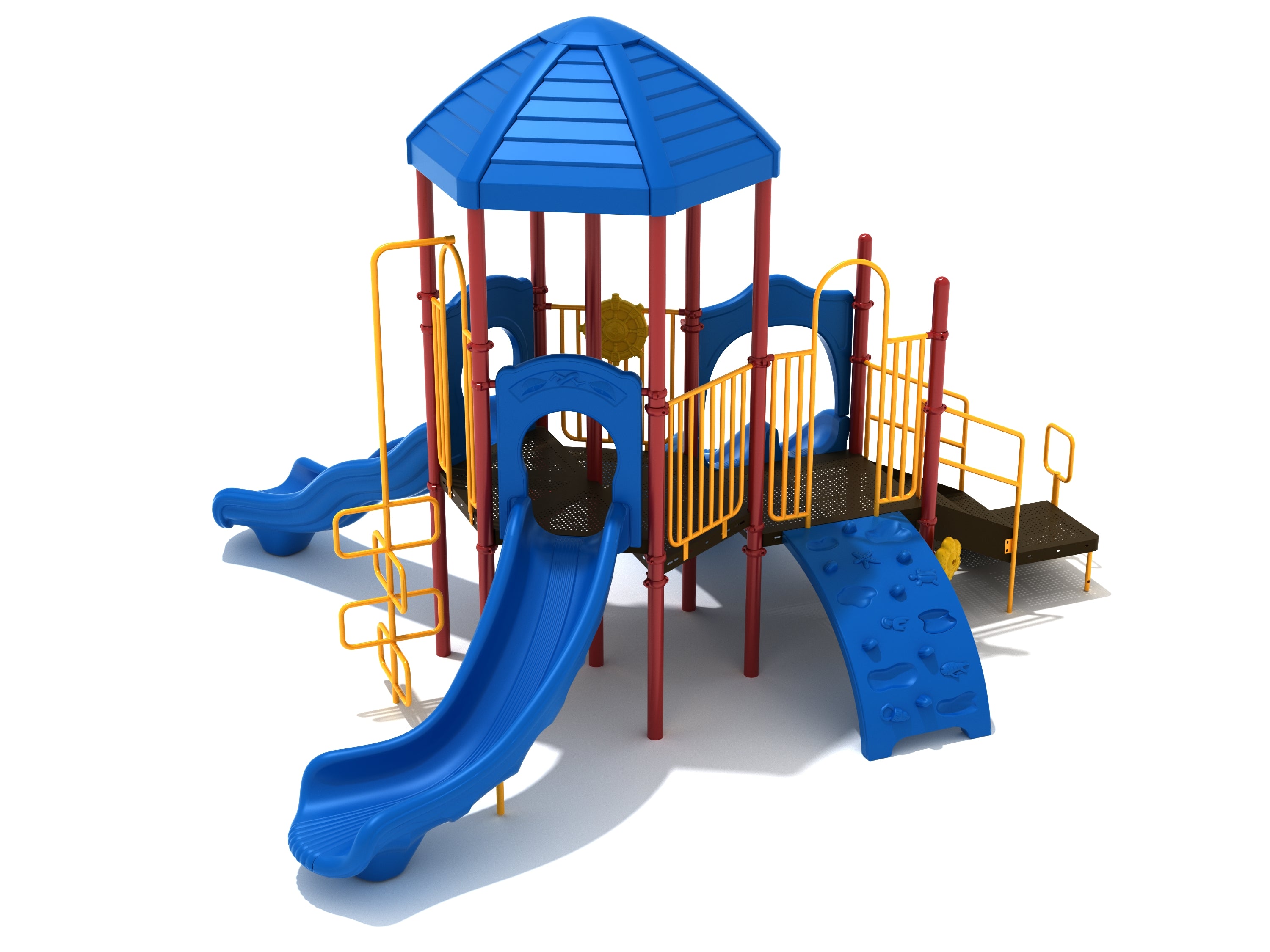 Blue and yellow playground structure with hexagonal roof, slides, sea creature climbing wall, and metal ribbon climber
