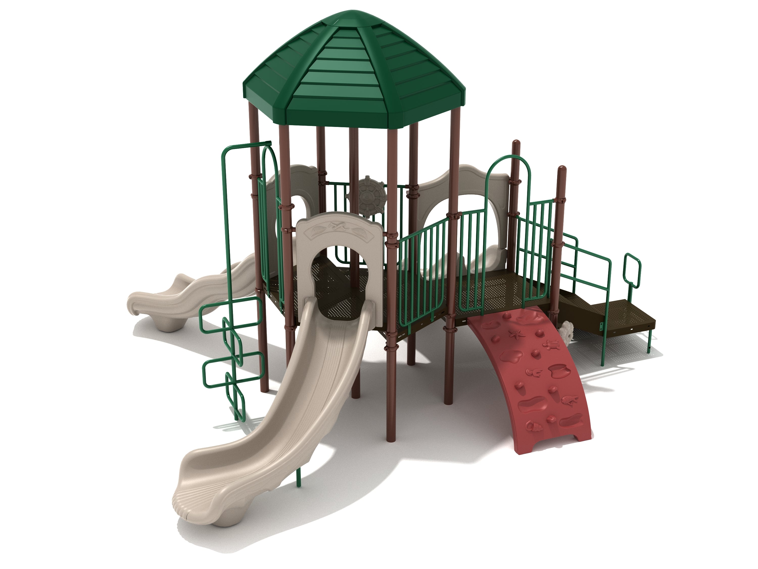 Rockford Playground large play system with hex roof, slides, climbing wall, ribbon climber, and nautical-themed sea creature climber