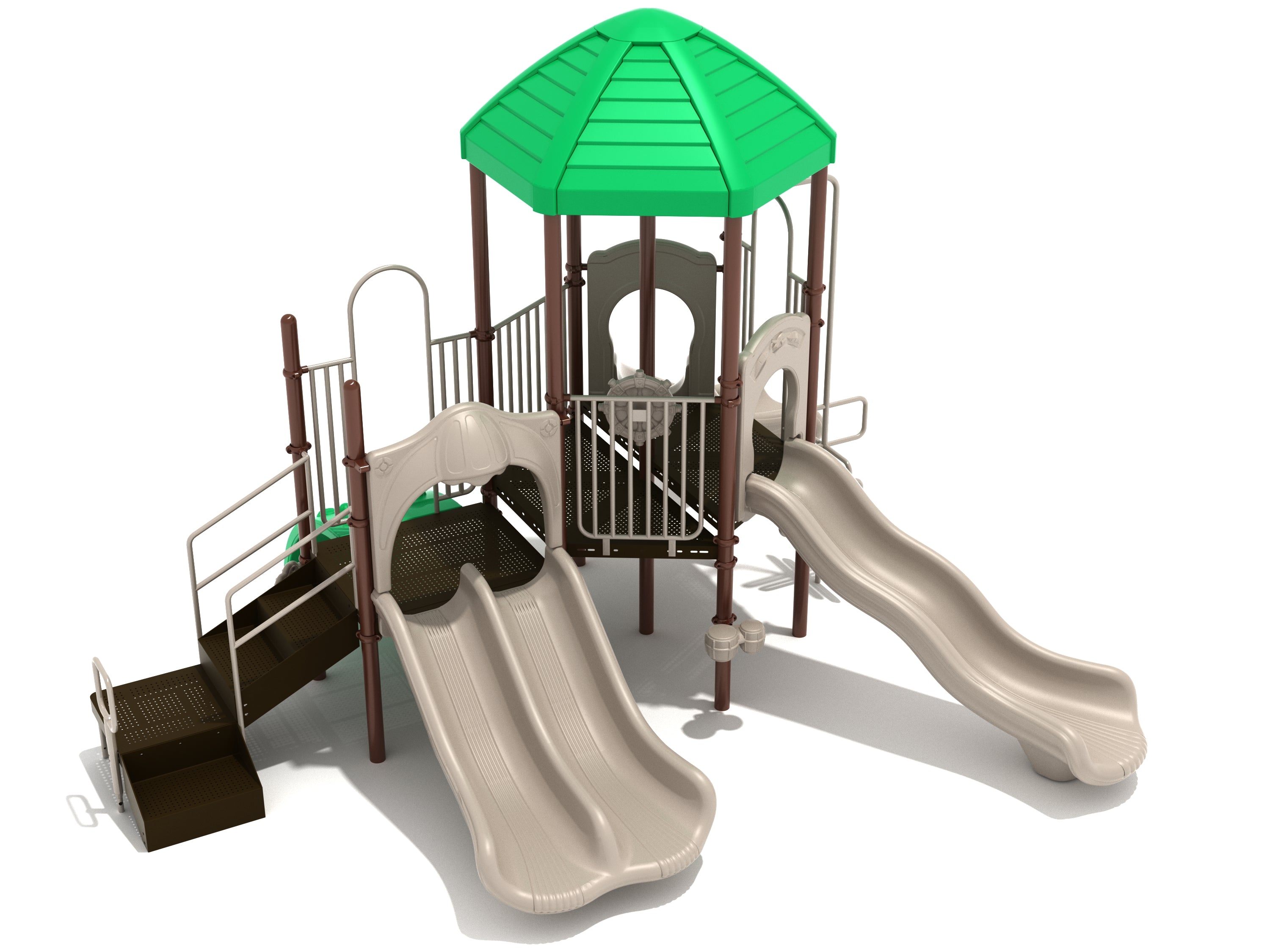 Playground structure with green hexagonal roof, dual beige slides, single wavy slide, brown stairs, metal railings, and climbing elements