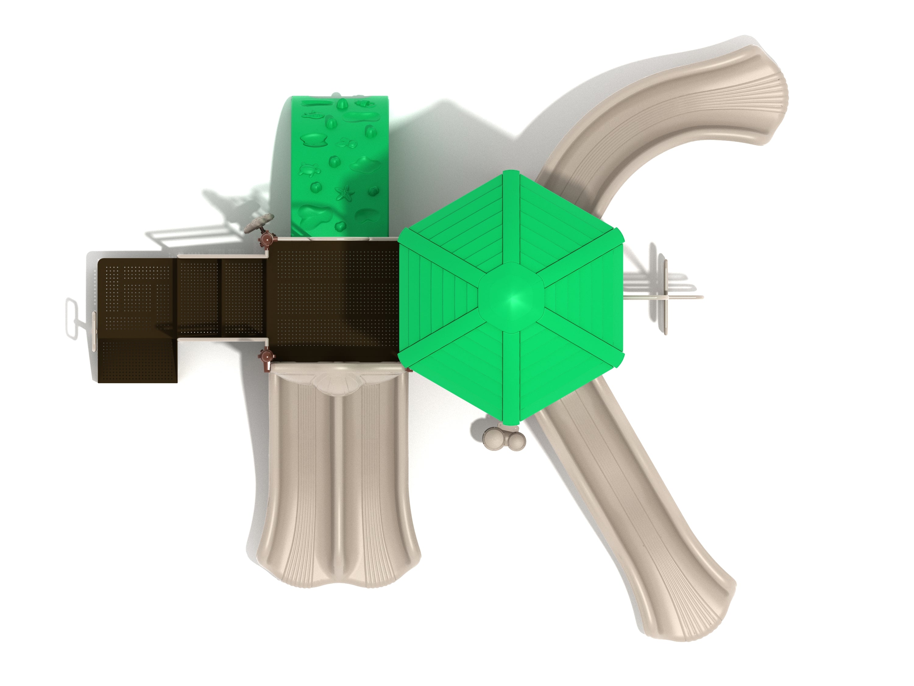 Overhead view of playground with green hexagonal roof, two beige slides, nautical-themed climbing wall, and metal ribbon climber