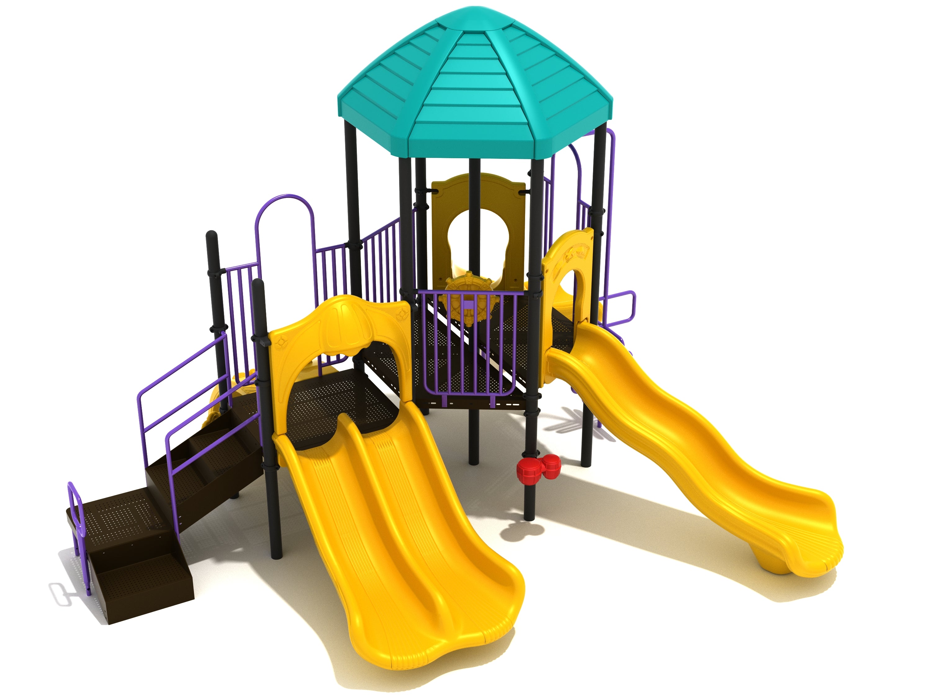 Playground structure with teal hexagonal roof, yellow double and single slides, purple railings, brown stairs, and a metal ribbon climber