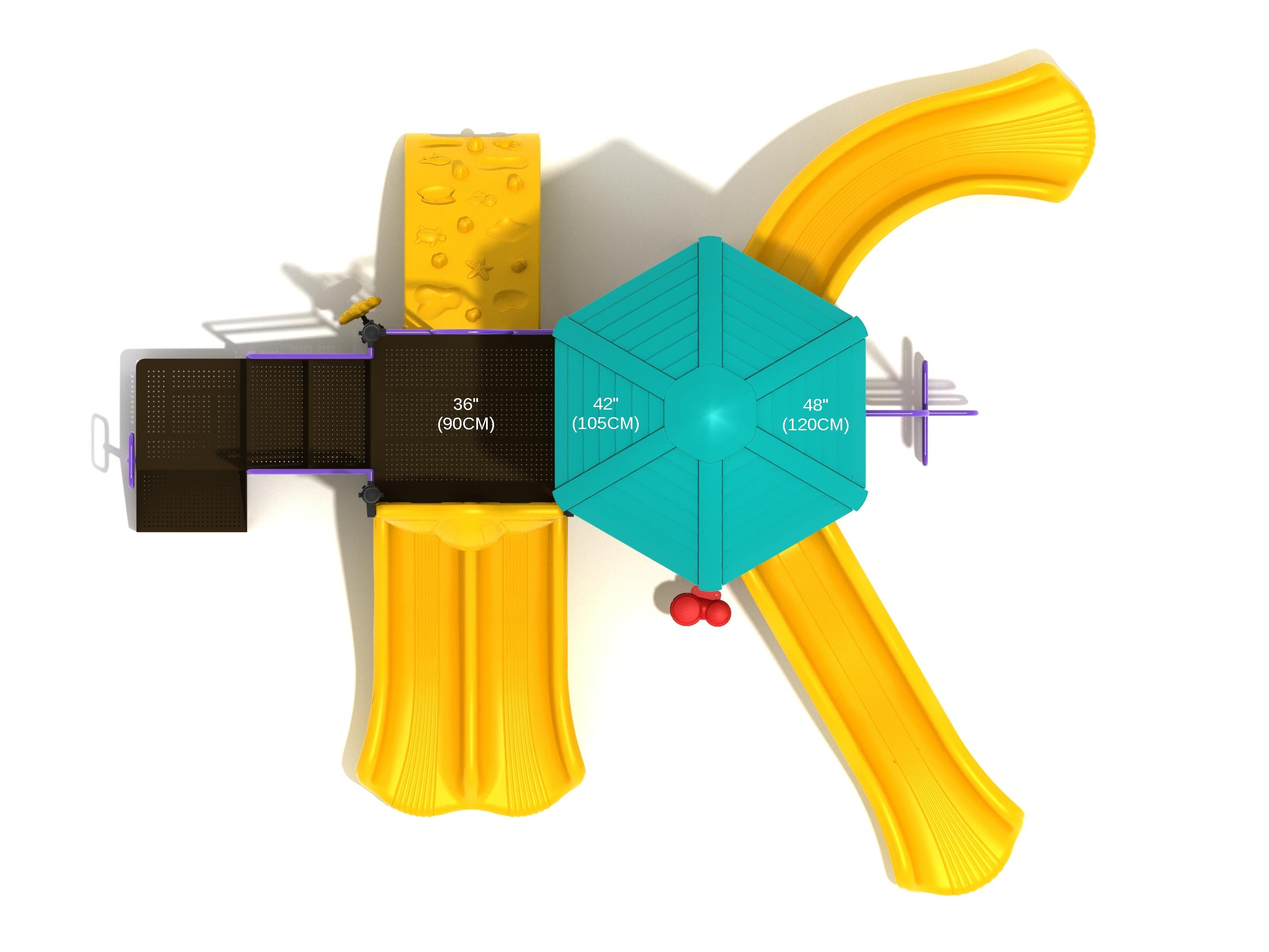 Overhead view of colorful playground with teal hexagonal roof, yellow slides, purple platforms, climbing wall, and ribbon climber.