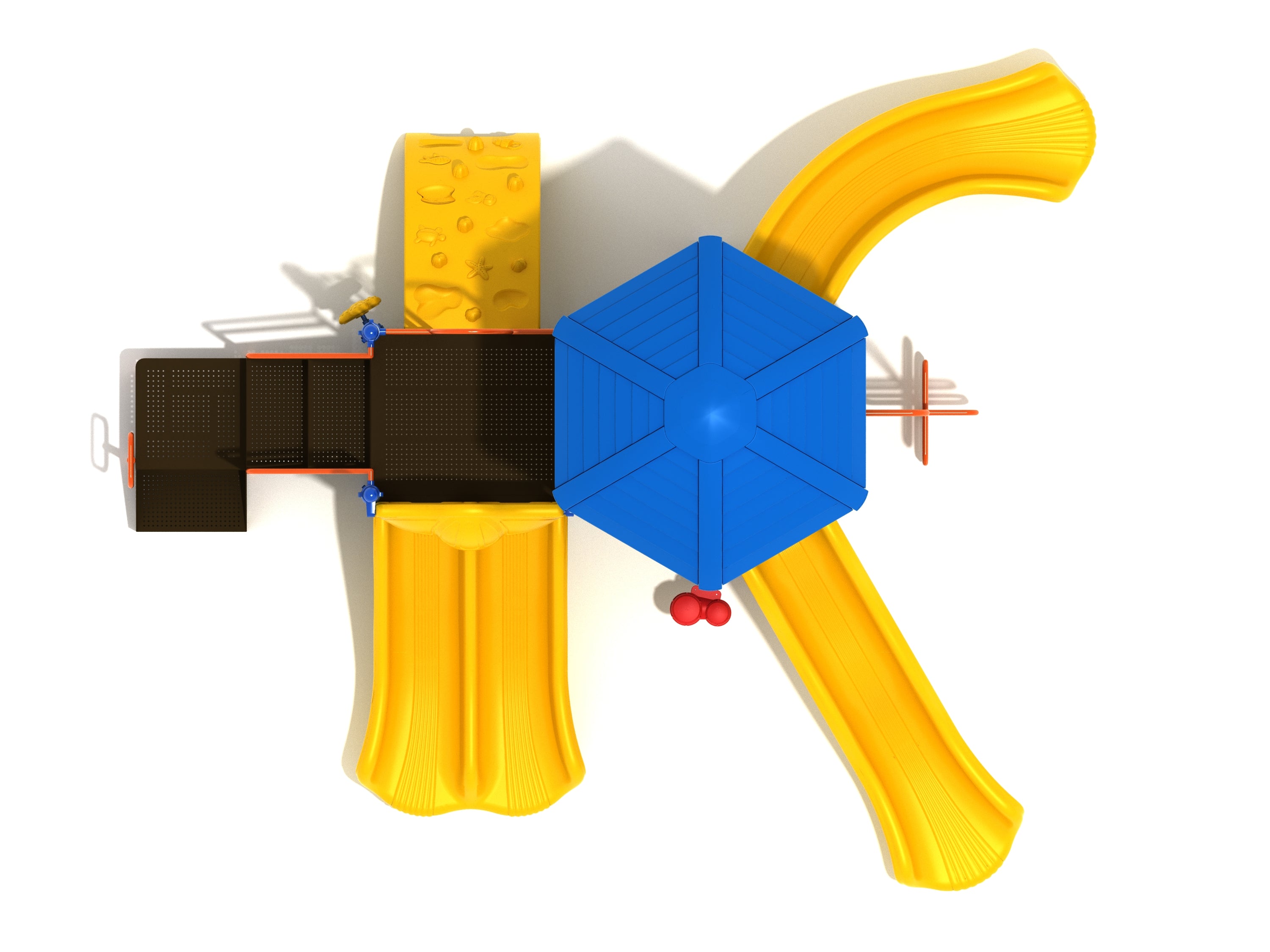 Overhead view of colorful playground with blue hexagonal roof, yellow slides, ribbon climber, and sea creature climbing elements