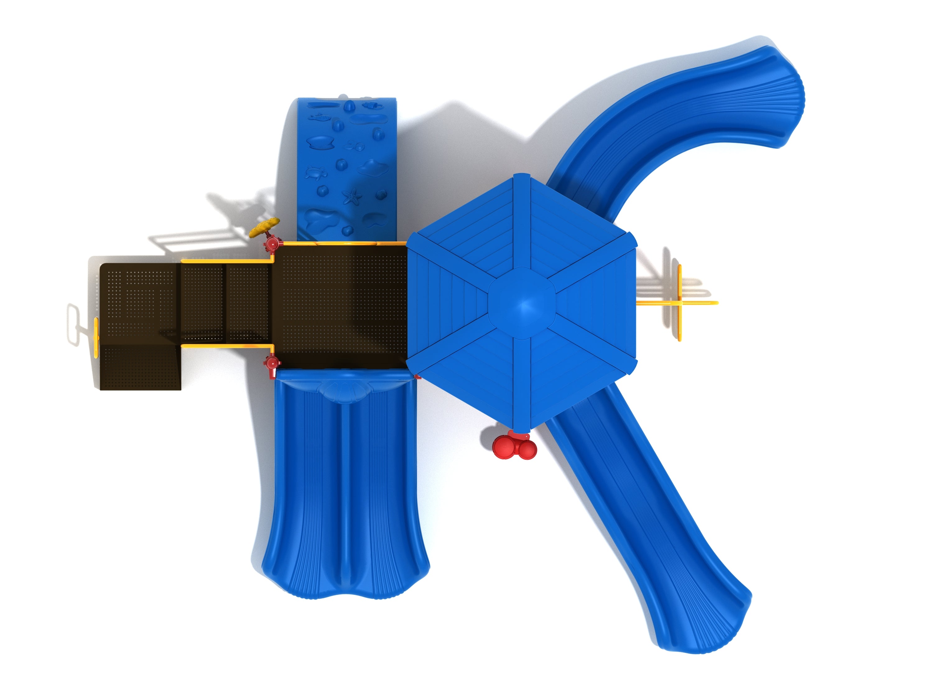 Overhead view of blue playground with hexagonal roof, multiple slides, climbing wall, play panels, and ribbon climber