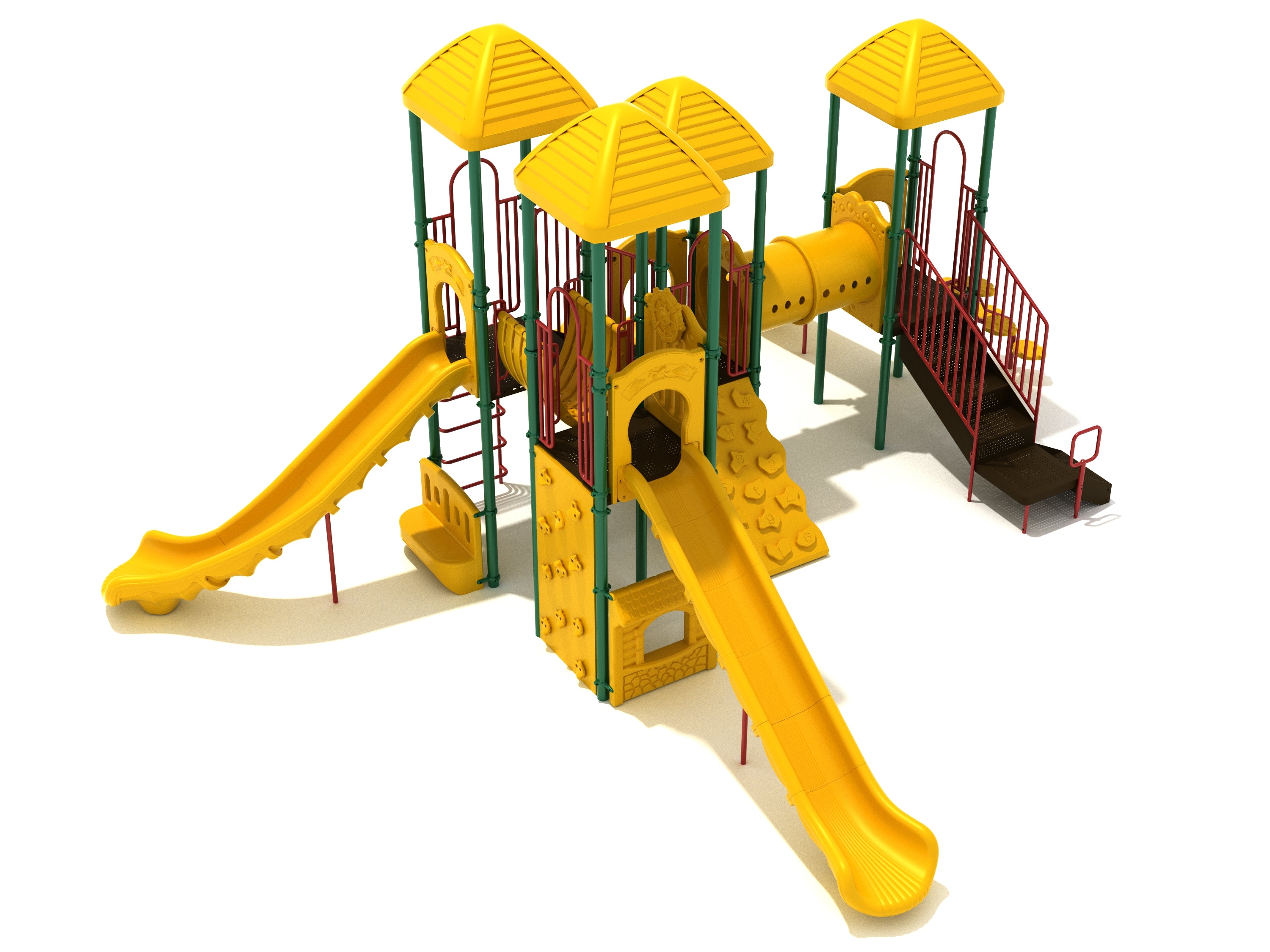 Yellow and green accessible playground with slides, climbing walls, tube bridge, stairs, and safety barriers for children
