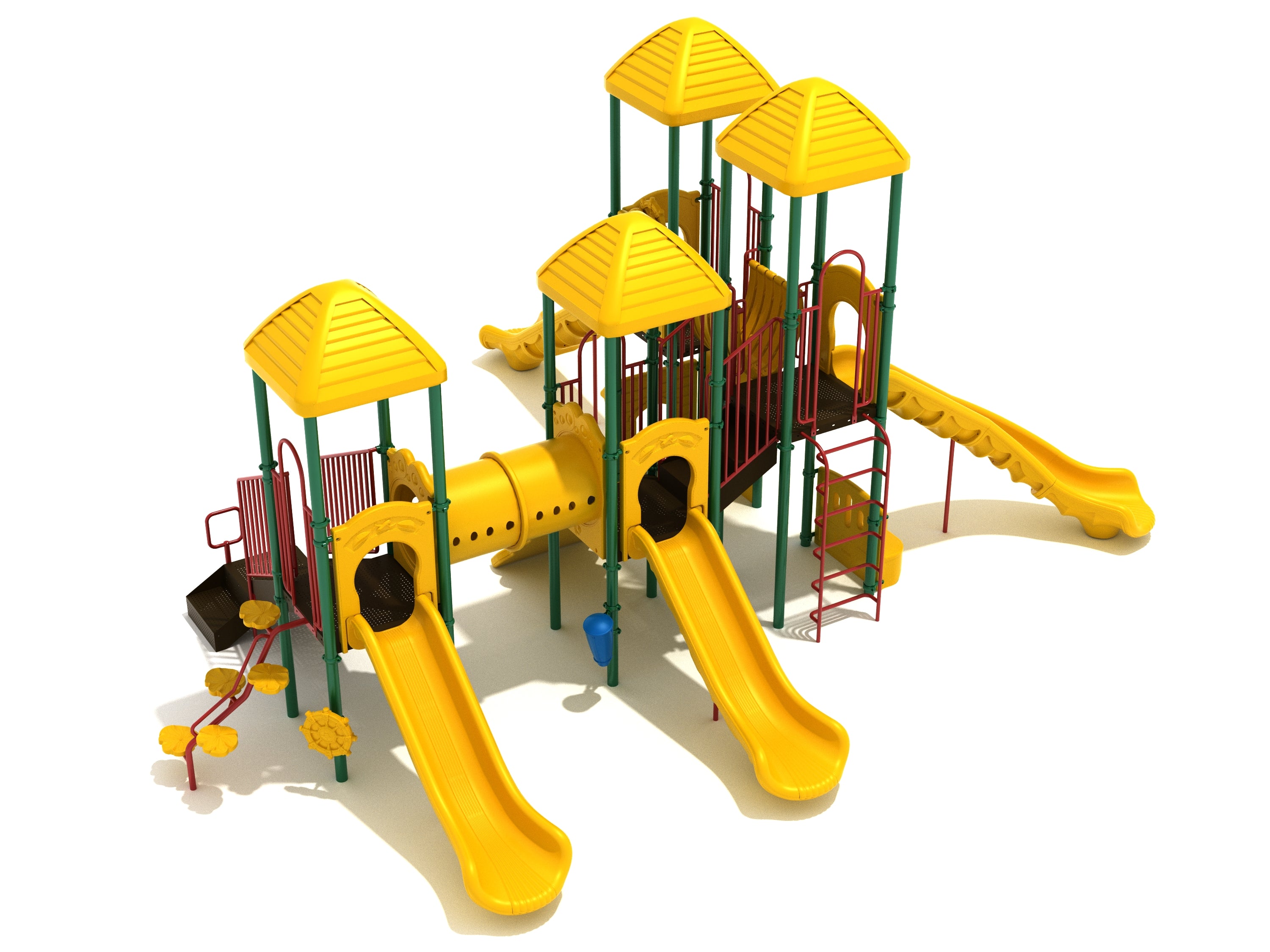 Colorful playground structure with yellow slides, tube bridge, climbing elements, and green support posts