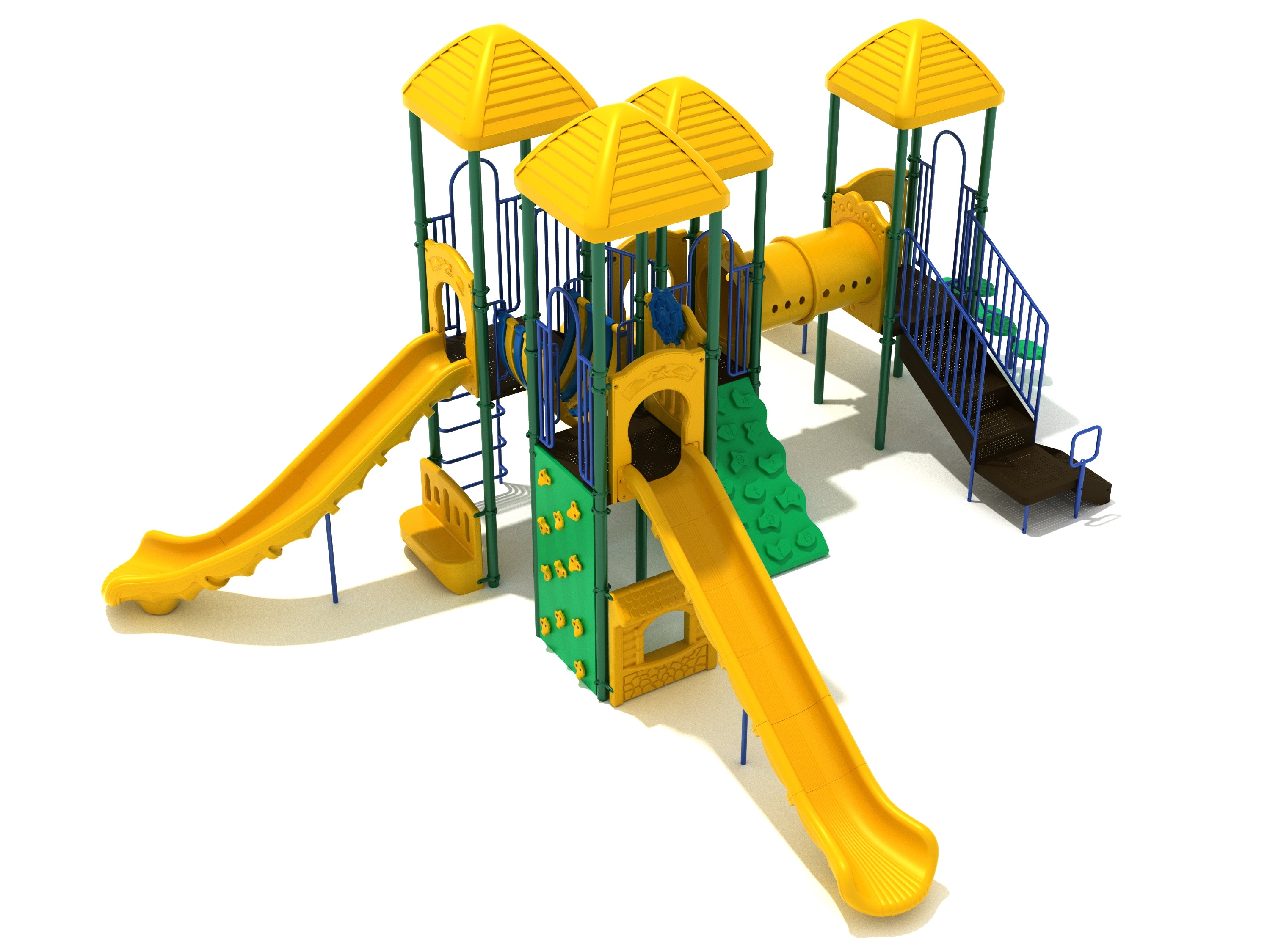 Colorful outdoor playground with yellow slides, green climbing walls, blue railings, multiple platforms, and accessible play features.