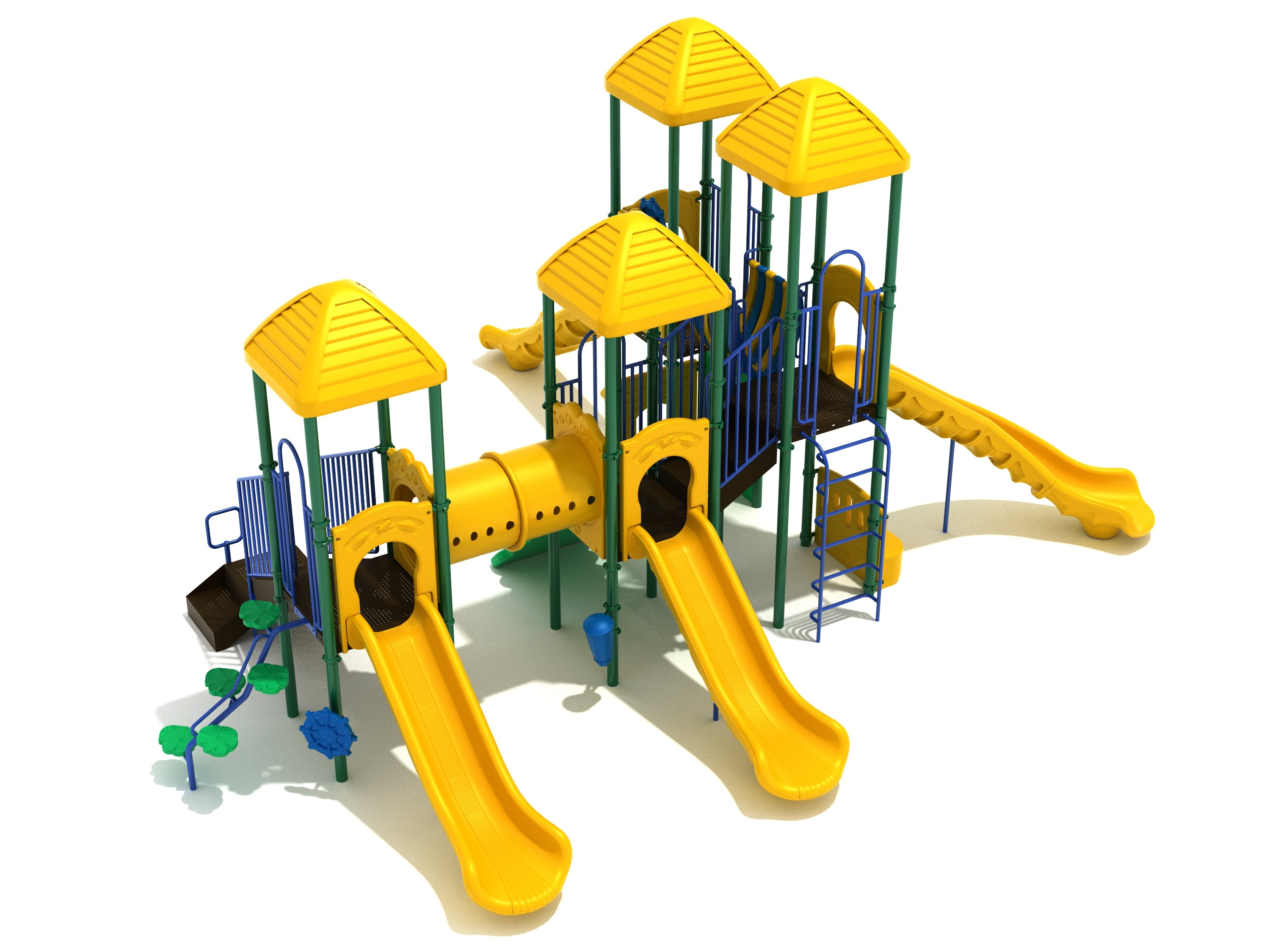 Yellow and green multi-level playground structure with slides, climbing elements, tunnels, and safety barriers