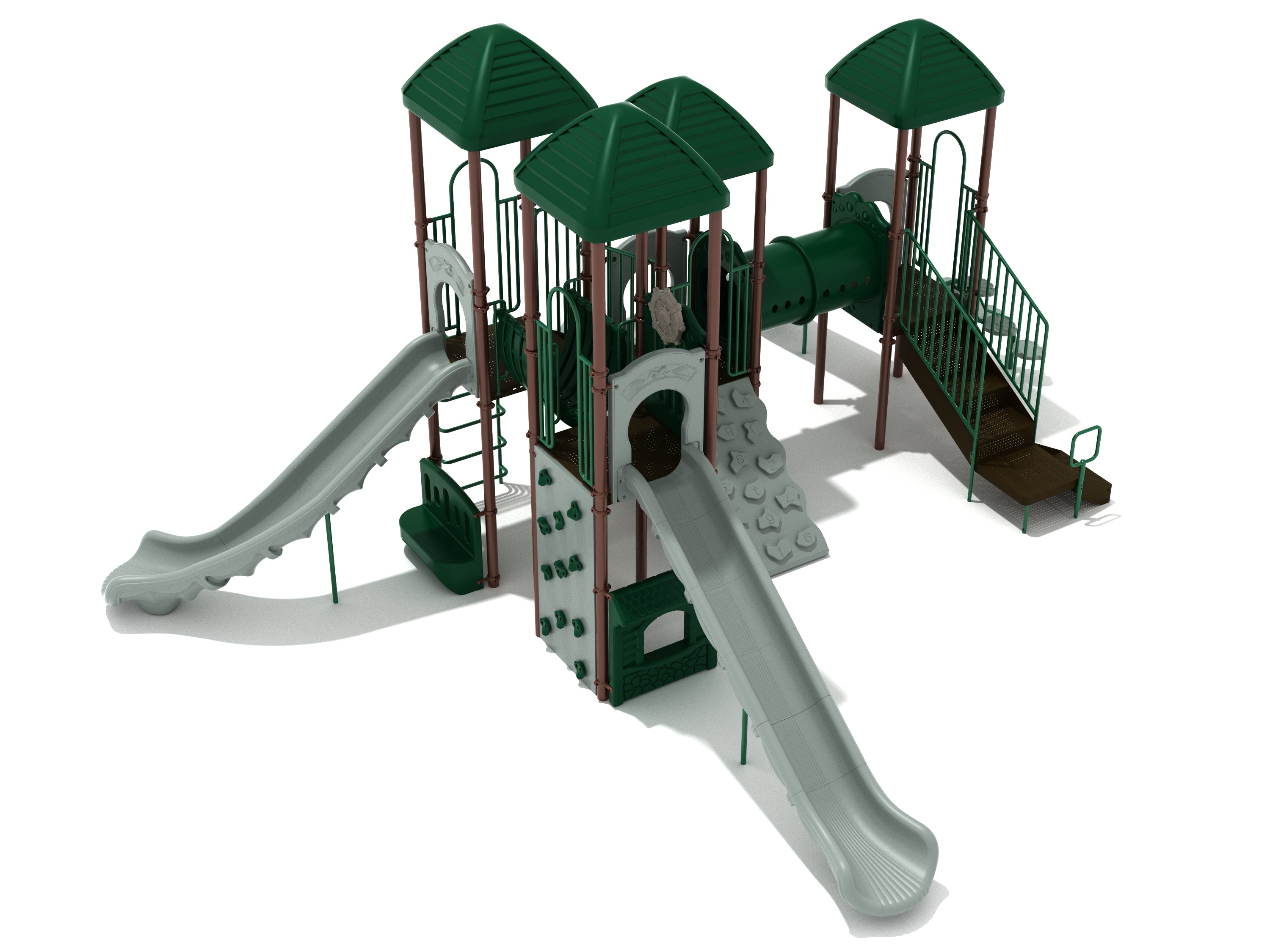 Elevated green and gray playground structure with multiple slides, climbing walls, stairs, tunnel, and safety barriers
