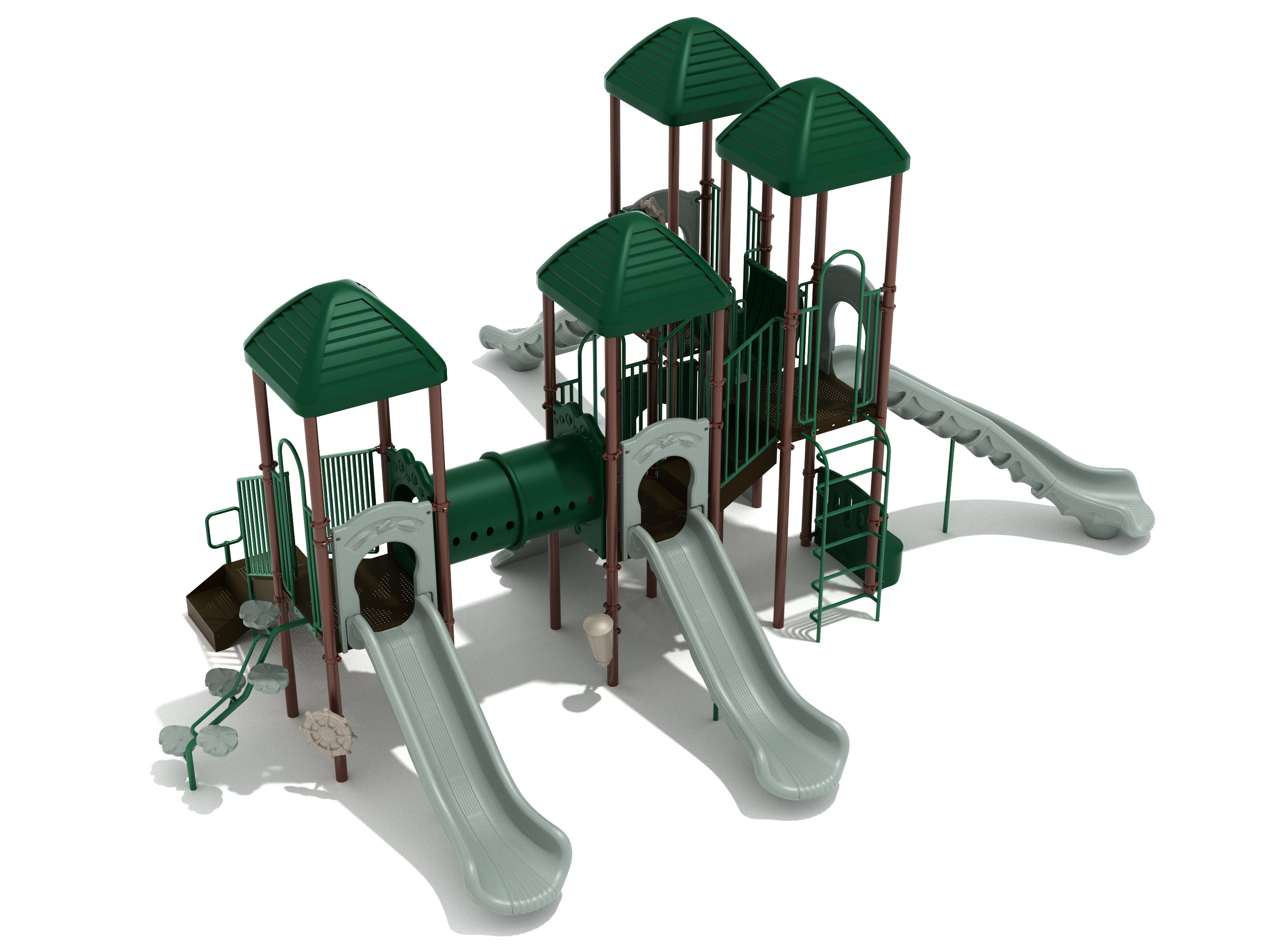 Outdoor playground structure with green roofs, multiple slides, climbing elements, connecting tunnels, and safety barriers