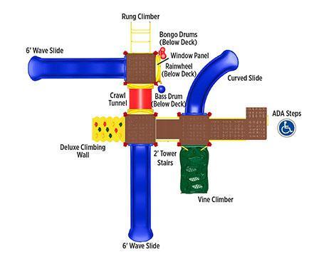 Overhead view of playground with two blue wave slides, curved slide, climbing walls, and sensory play panels