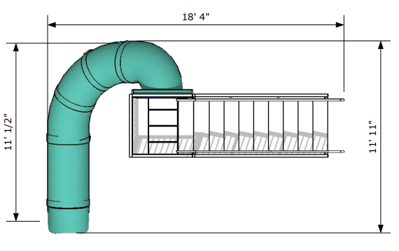 Overhead view of a turquoise curved water slide with straight ladder and platform structure