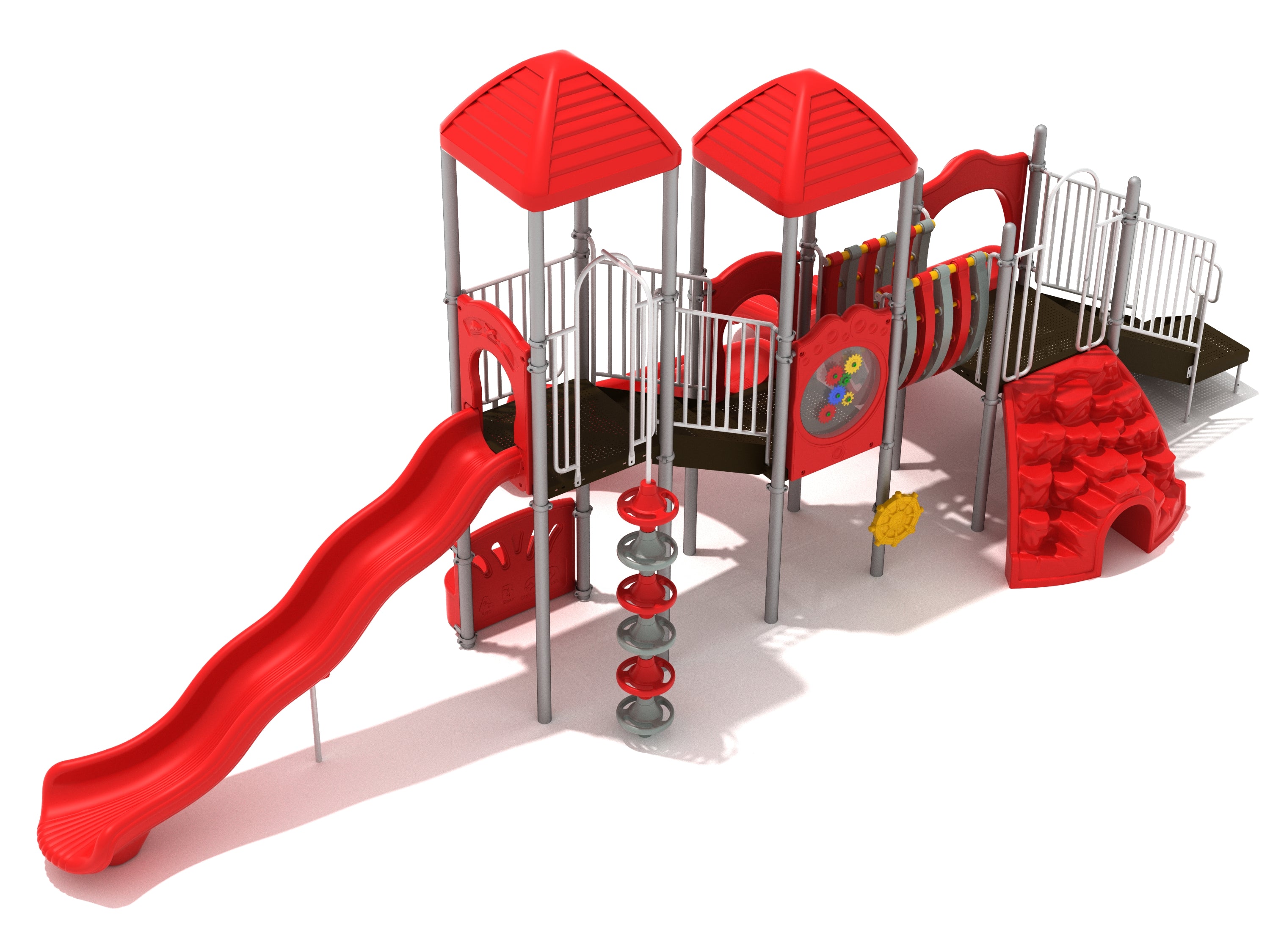 Red and gray playground structure with two towers, wavy slide, climbing wall, spiral climber, and gear panel