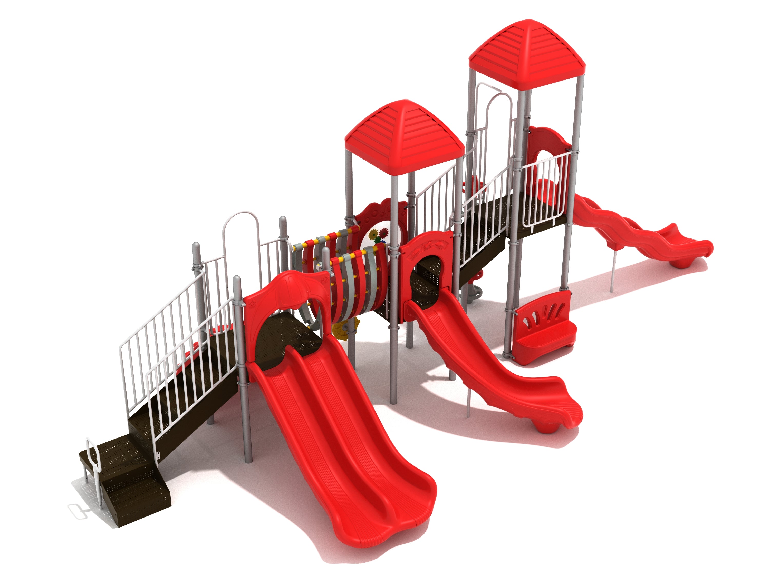 Red and gray playground structure with multiple slides, climbing features, two covered platforms, and interactive play panels