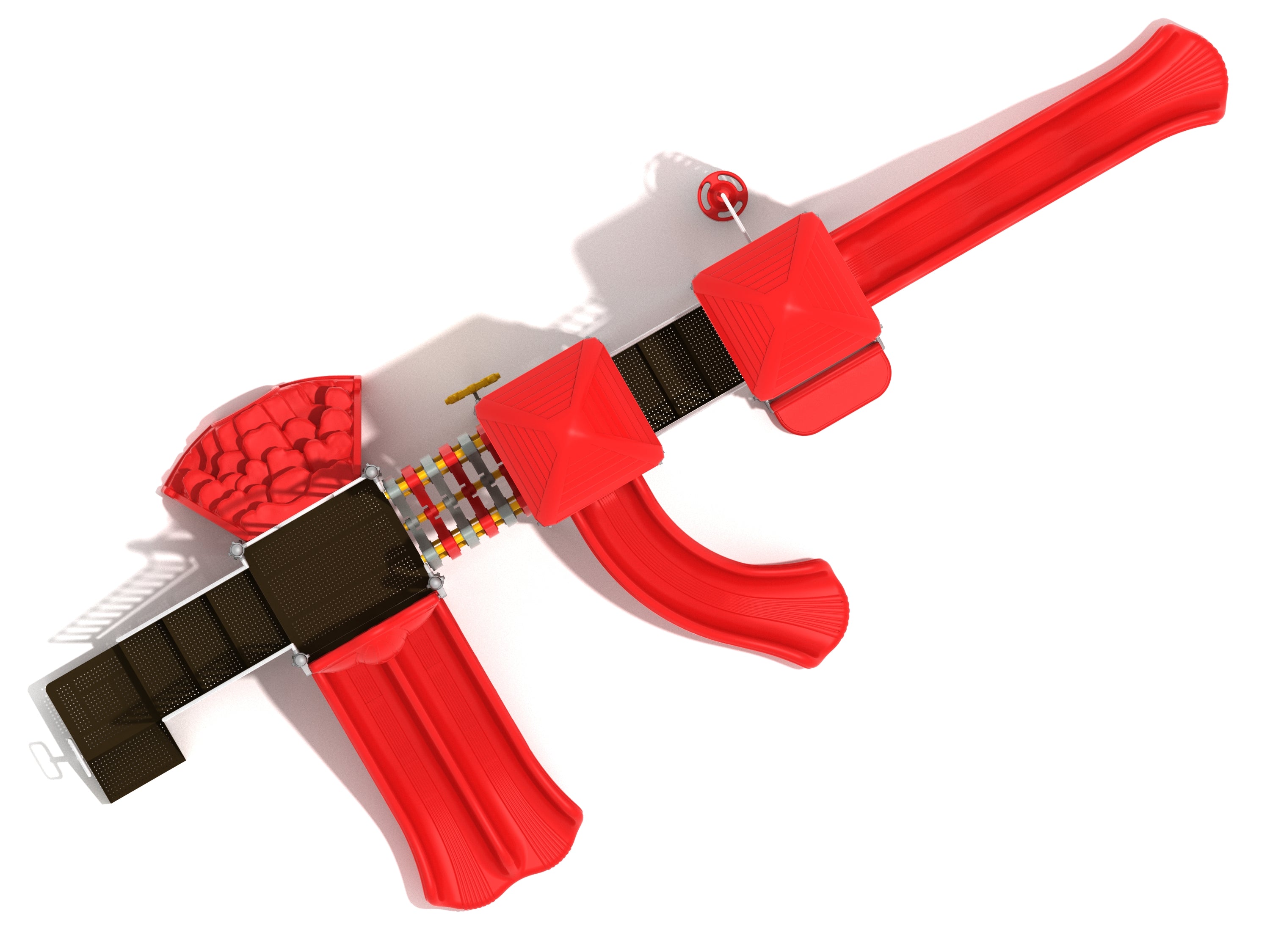 Overhead view of a large red playground structure with multiple slides, climbing elements, platforms, and shaded roof panels