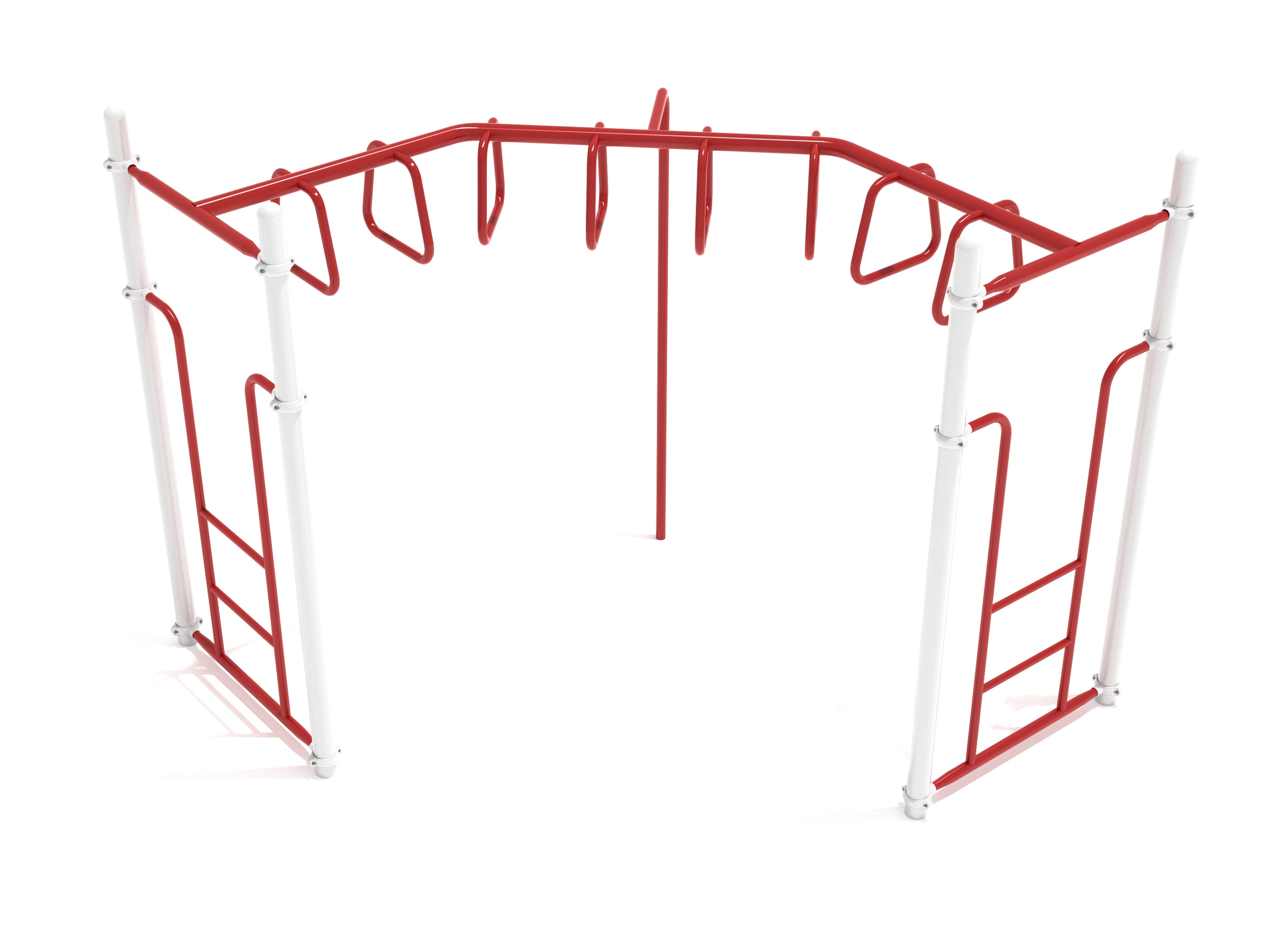 Red and white trapezoid-shaped climbing ladder with looped rungs and angled design for playground activity
