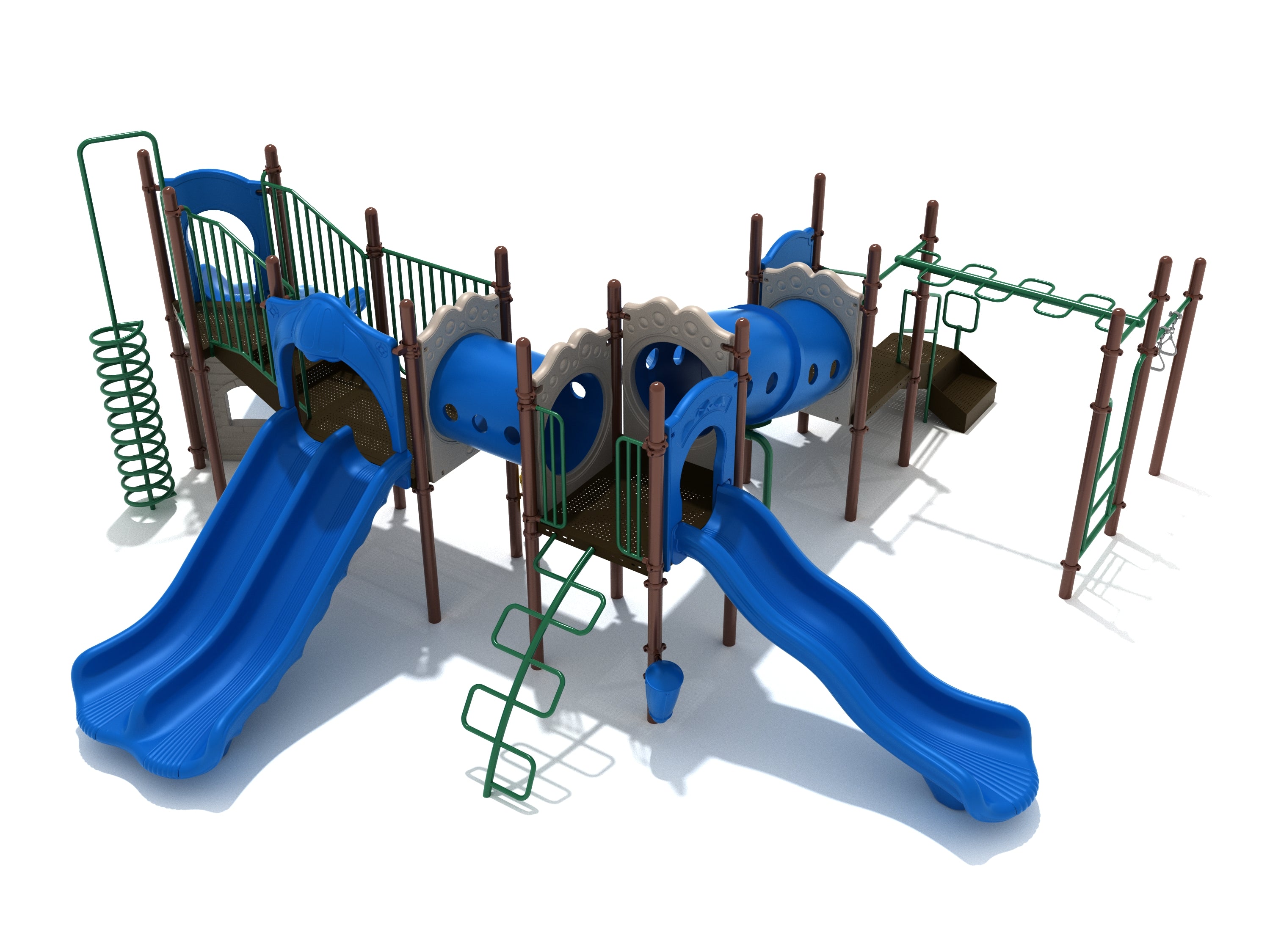Elevated playground structure with blue slides, tunnels, green climbing ladders, and monkey bars in a 90° layout