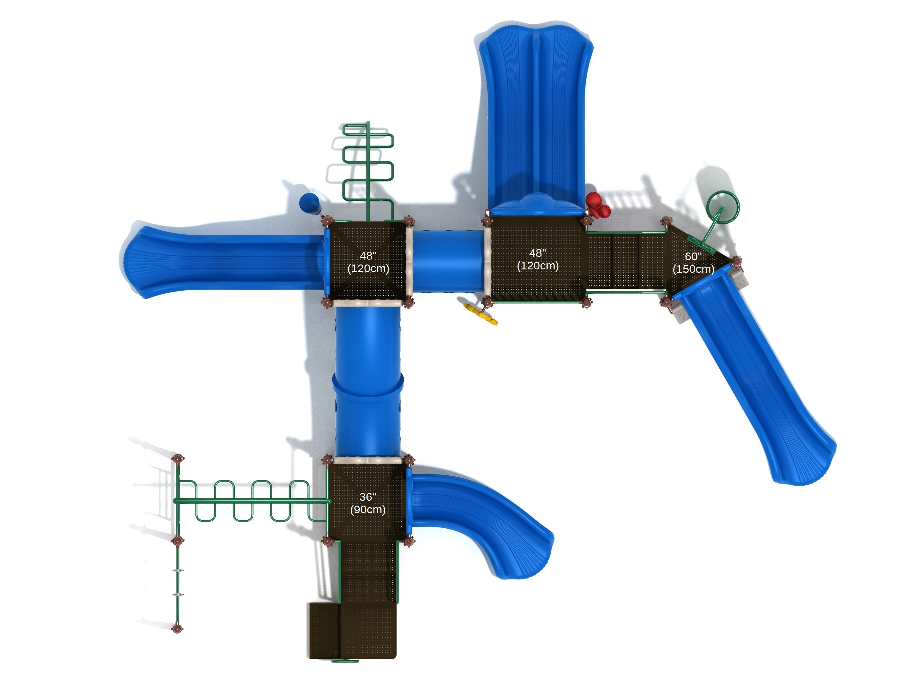 Overhead view of a large playground structure with multiple blue slides, climbing ladders, and musical play elements including bongos and a drum