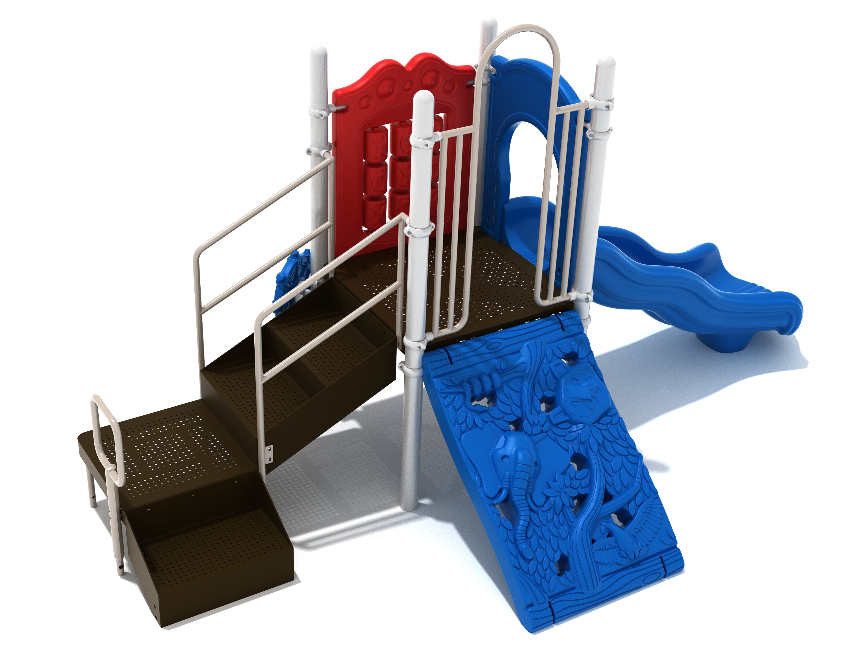 Compact playground with brown steps, blue climbing wall featuring animal shapes, red tic-tac-toe panel, and blue wavy slide