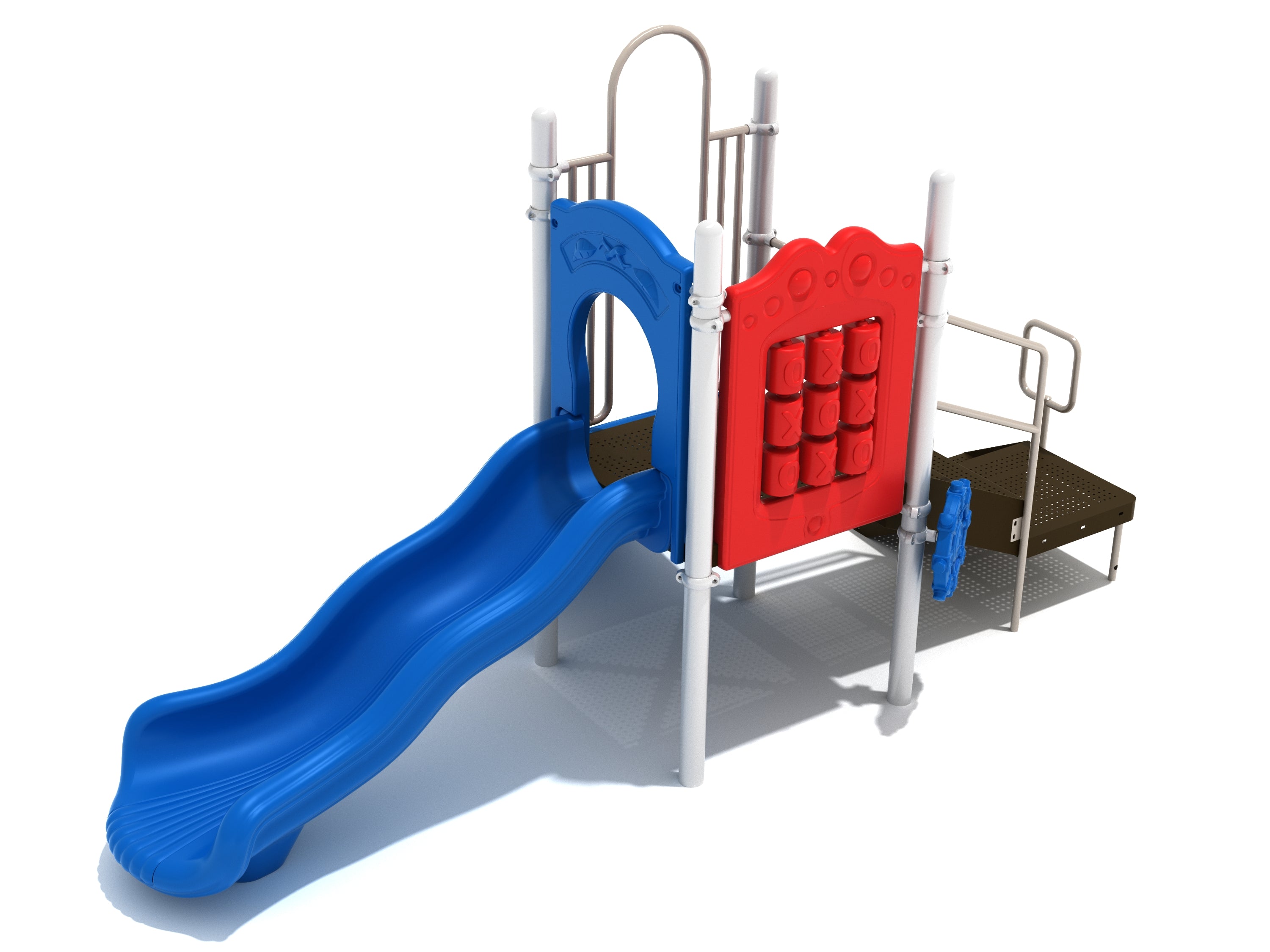Compact playground structure with blue wavy slide, red tic-tac-toe panel, and blue ship's wheel for interactive play