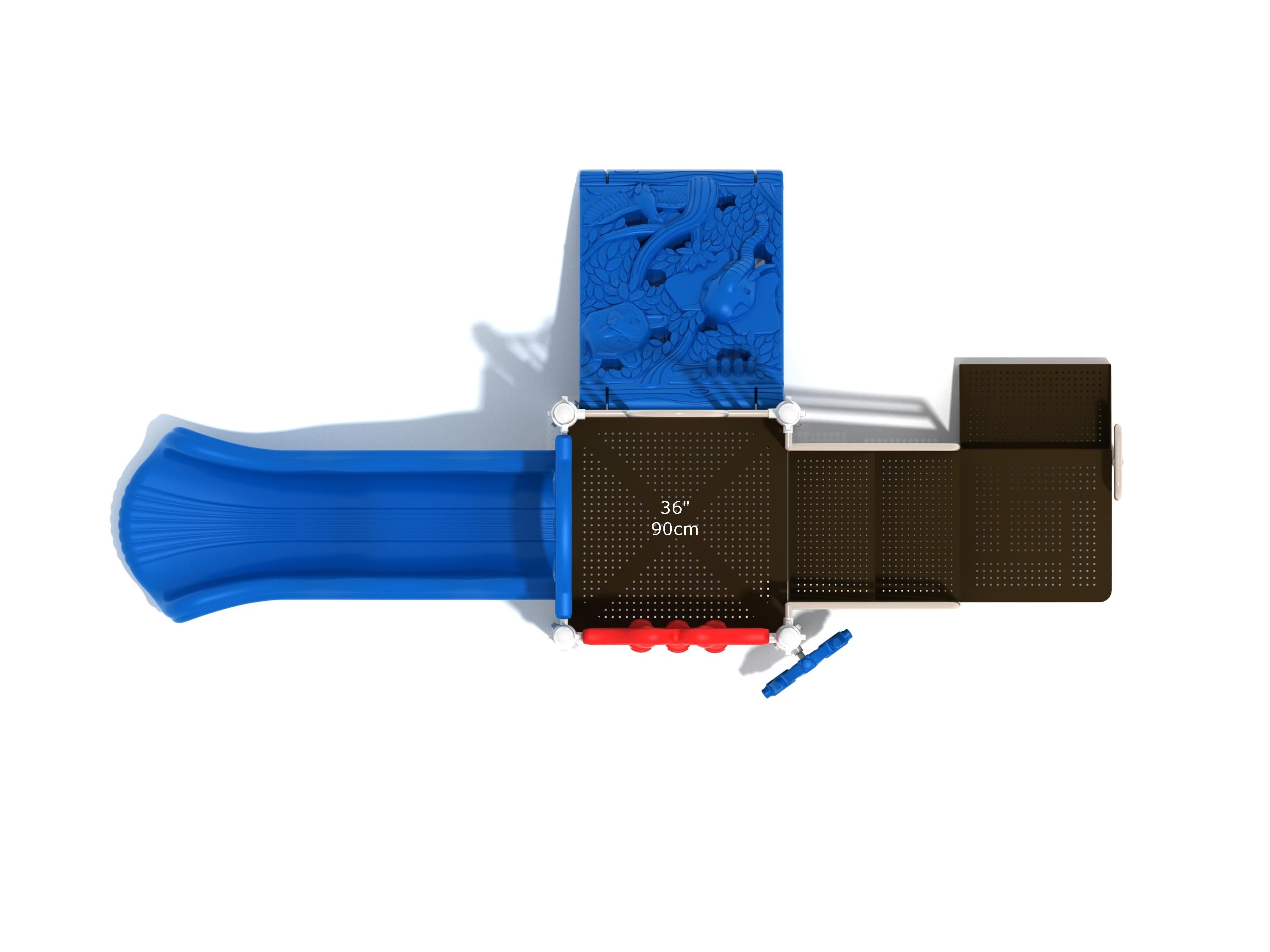 Overhead view of compact playground with blue wavy slide, interactive panel, climbing wall featuring animal figures