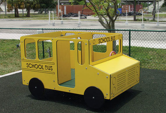 School Bus Multi Spring Rider playground equipment in bright yellow with black wheels on soft play surface, designed for multiple children.