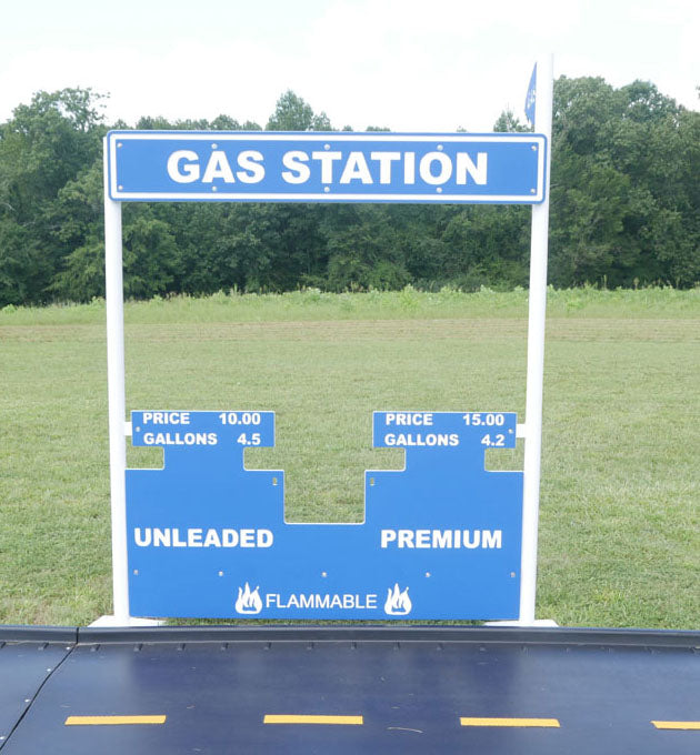 Blue and white commercial playground gas station playset with fuel type and price panels for interactive role play