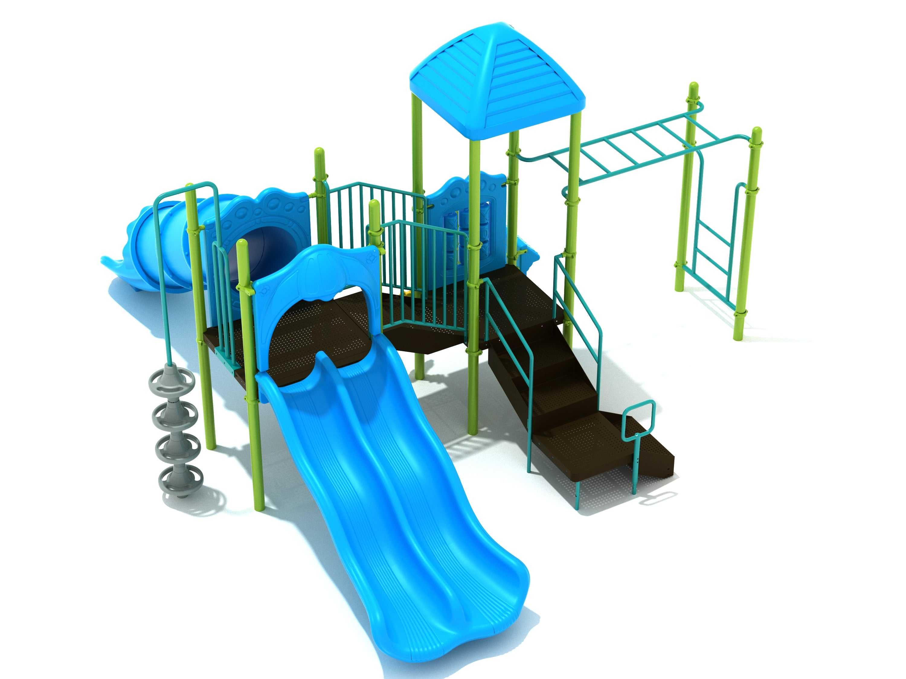 Elevated play structure with pyramid roof, blue double slide, enclosed tube slide, stairs, monkey bars, and climbing elements