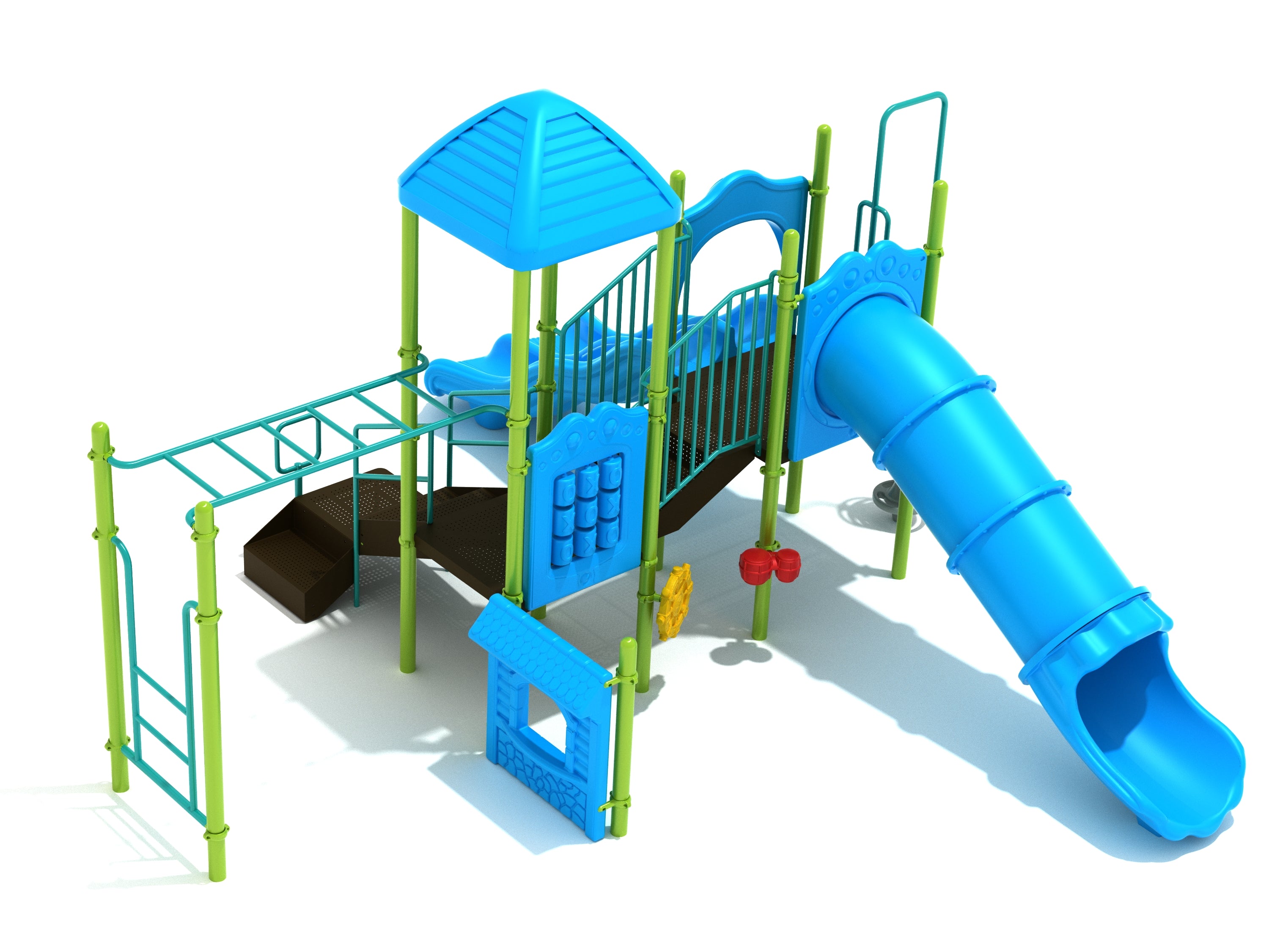 Elevated blue and green playground structure with tube slide, double slide, stairs, climbers, and play panels