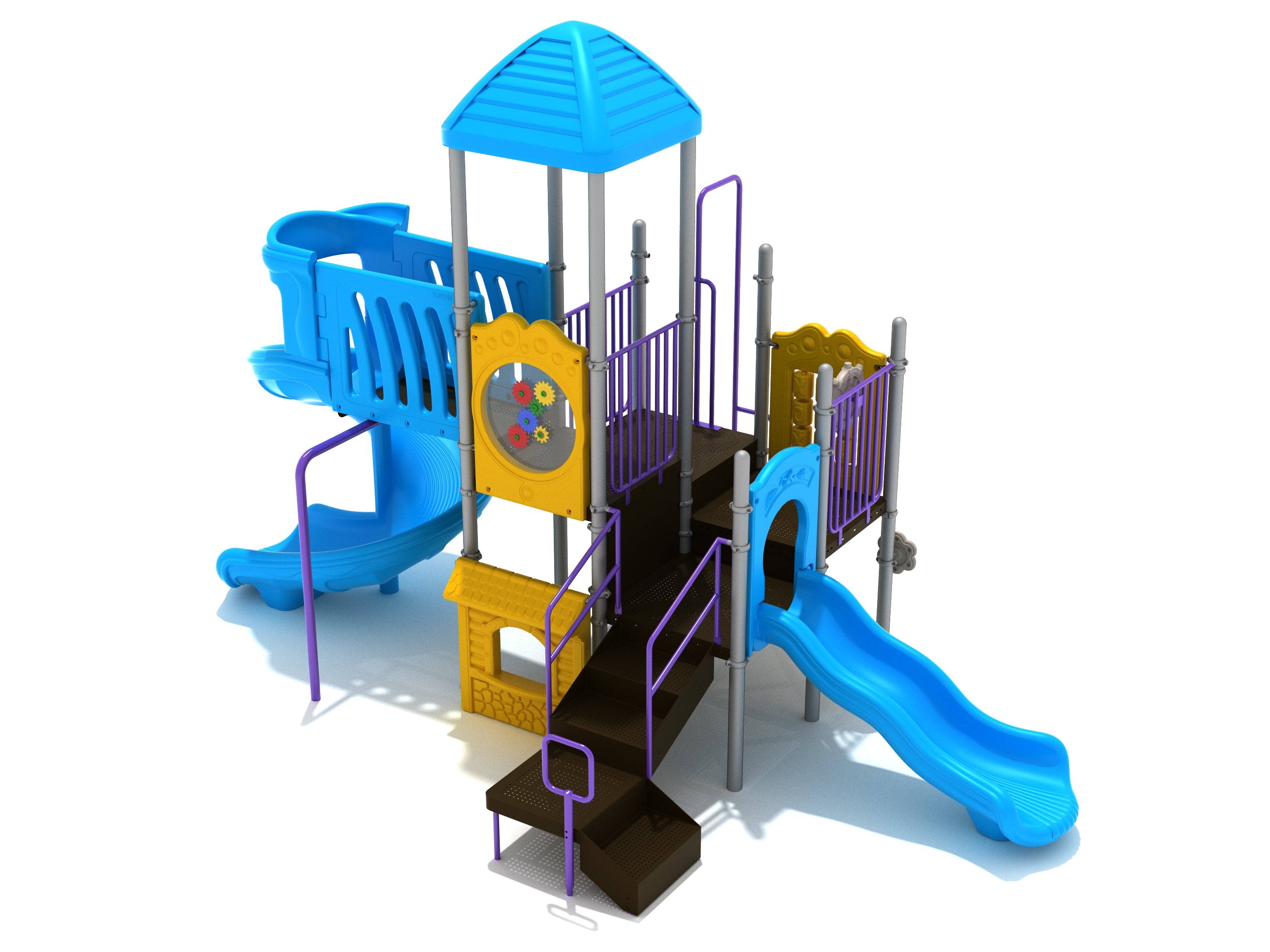 Colorful playground structure with blue spiral and straight slides, yellow gear and tic-tac-toe panels, purple railings, and blue roof