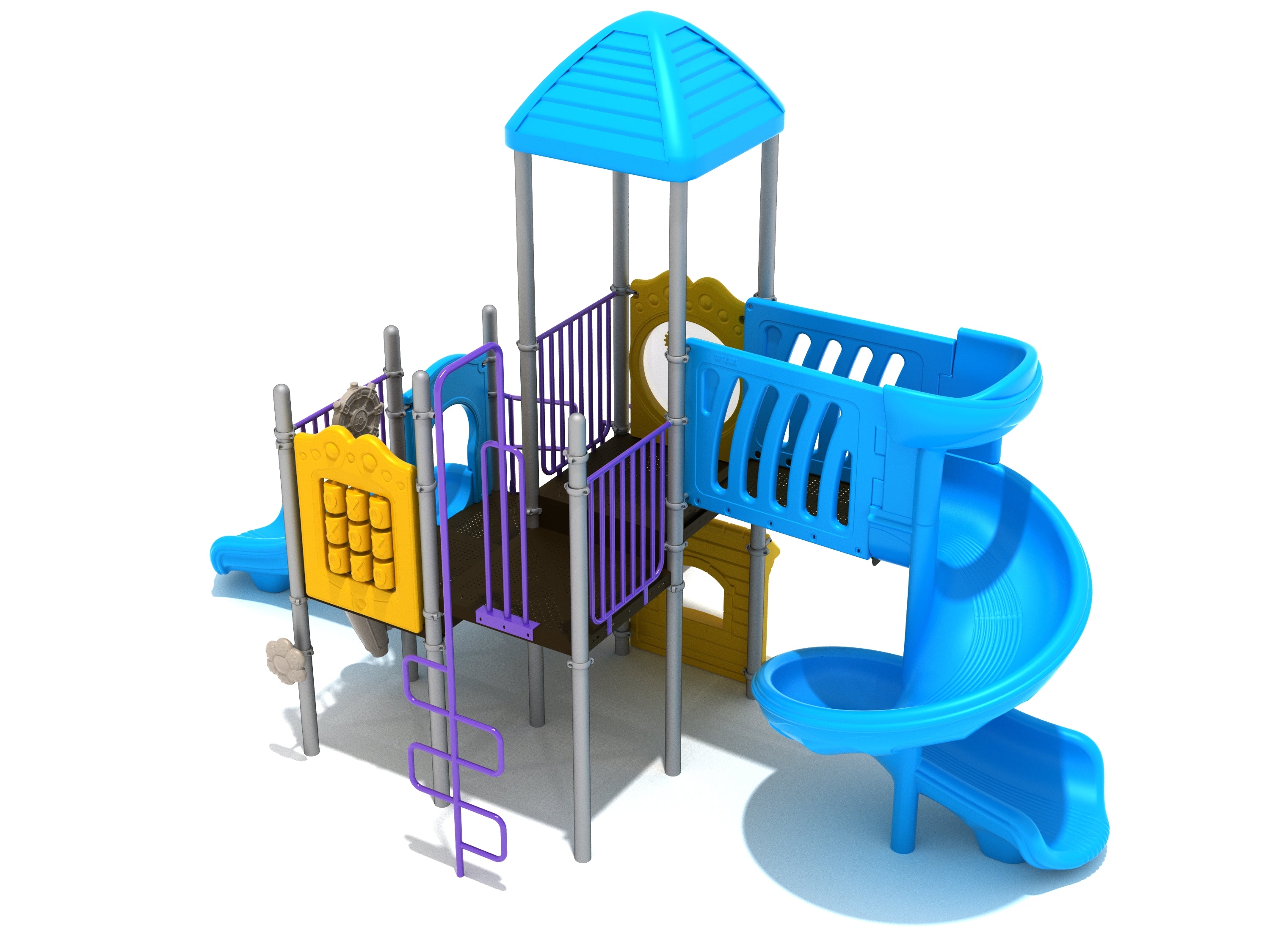 Colorful playground structure with spiral and straight slides, activity panels, and a blue roof viewed from an angled perspective