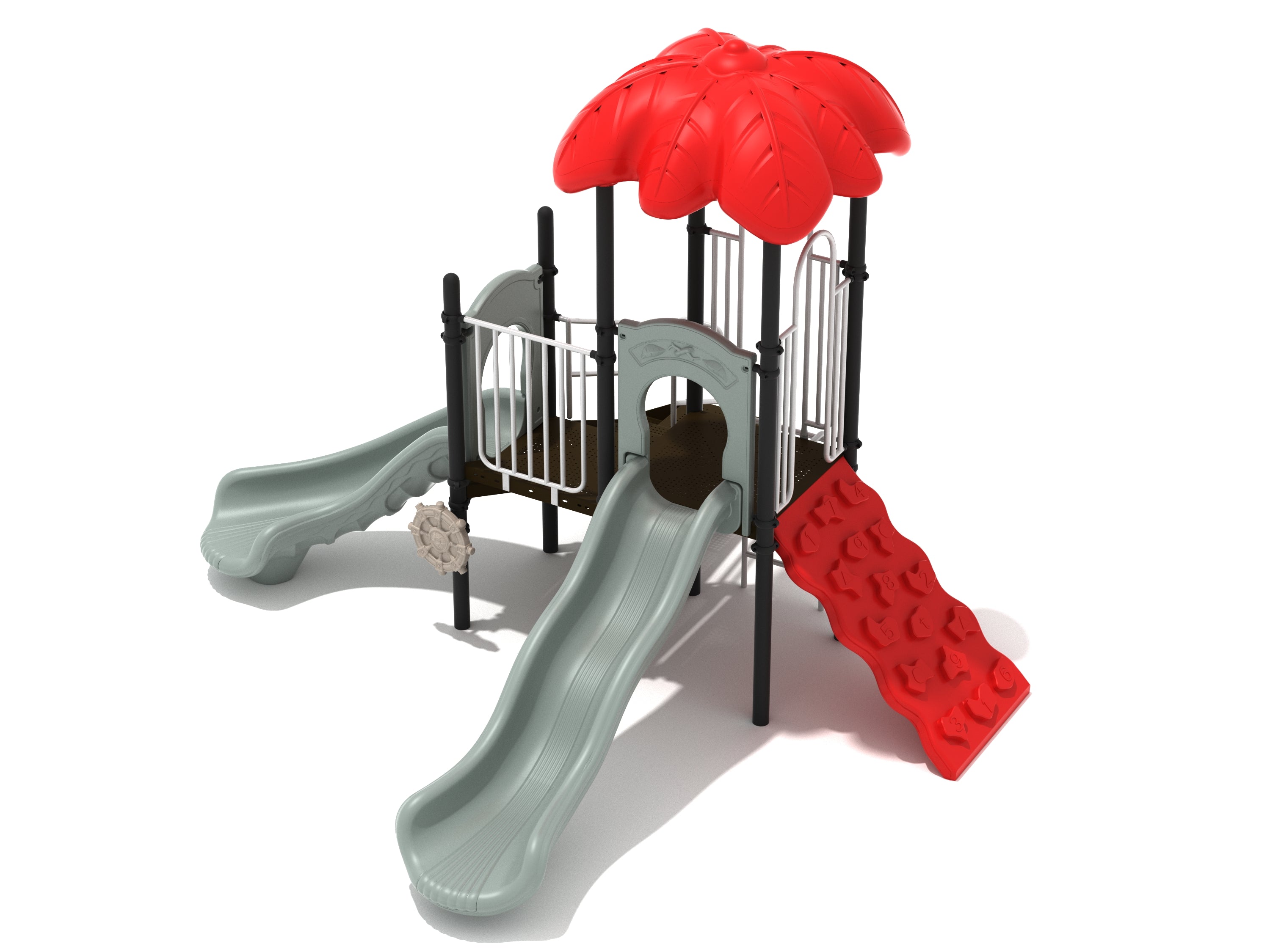 Compact playground with red leaf-shaped roof, two gray slides, red climbing wall, and captain's wheel panel