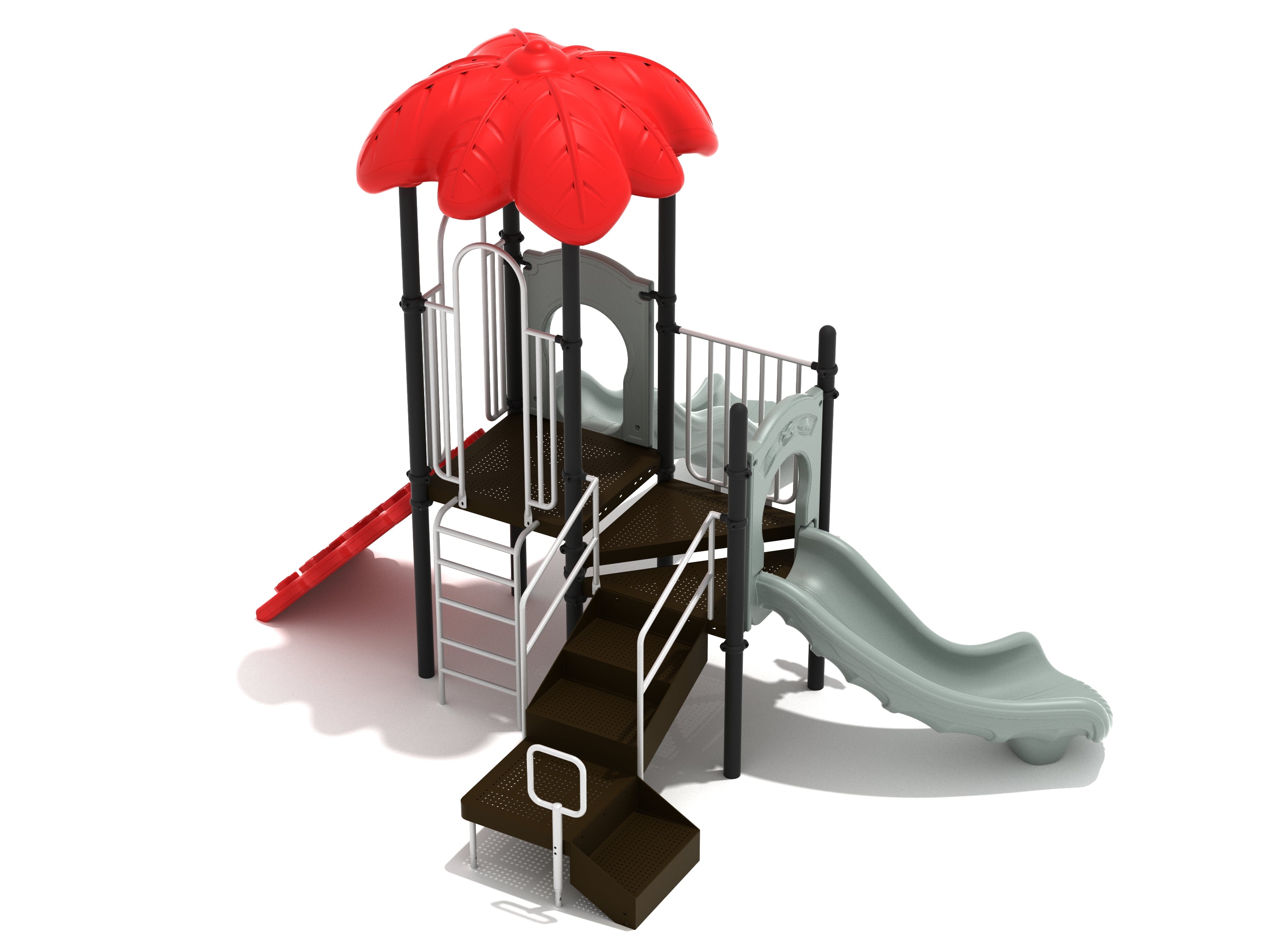 Compact outdoor play structure with red leaf-shaped roof, gray double slide, stairs, and climbing ladder
