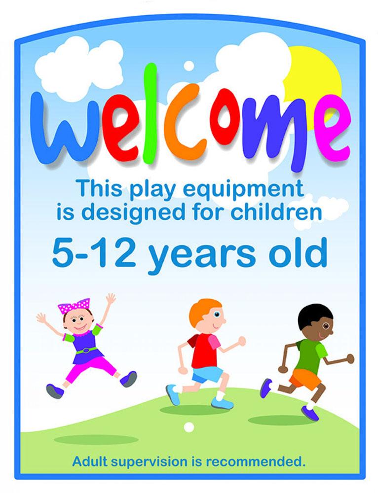 Playground Welcome Sign & Post with colorful "welcome" text, children running on grass under sunny sky, playful outdoor setting
