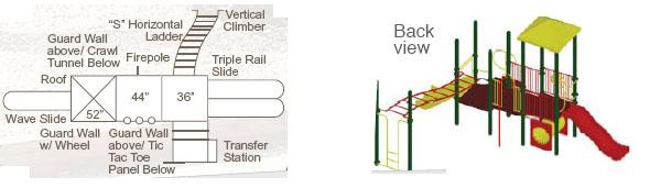 Modular playground with metal posts and decks, wave slide, triple rail slide, firepole, horizontal ladder, vertical climber, tic tac toe panel, transfer station, and crawl tunnel.