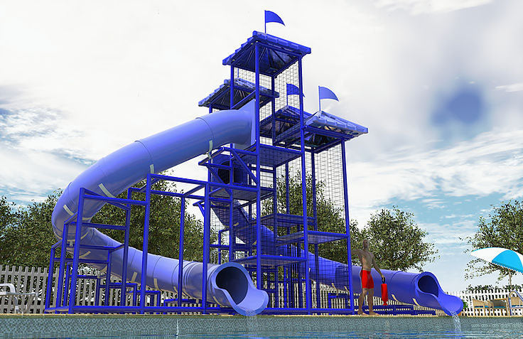 The Caribbean Sea Water Slide with two large blue curved slides, metal frame, climbing decks, and poolside setting
