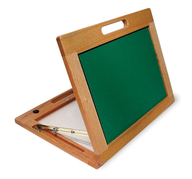 Multi-Purpose Slant Board with adjustable wooden frame, green felt story board, reversible chalk-magnetic board, and clear plexiglass tracing surface